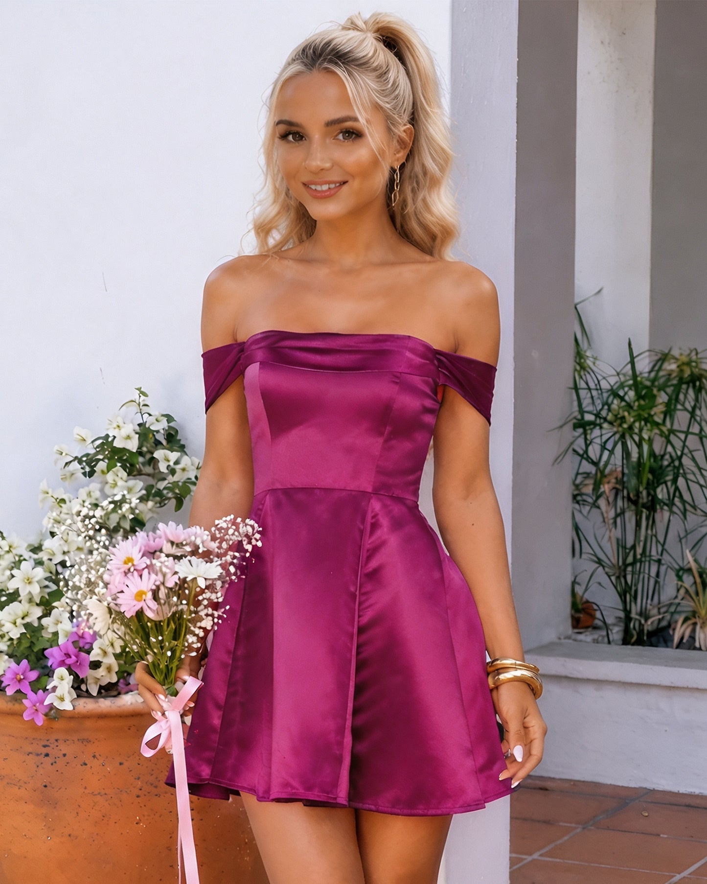 Off-Shoulder Satin A-Line Homecoming Dress with Lace-Up Back