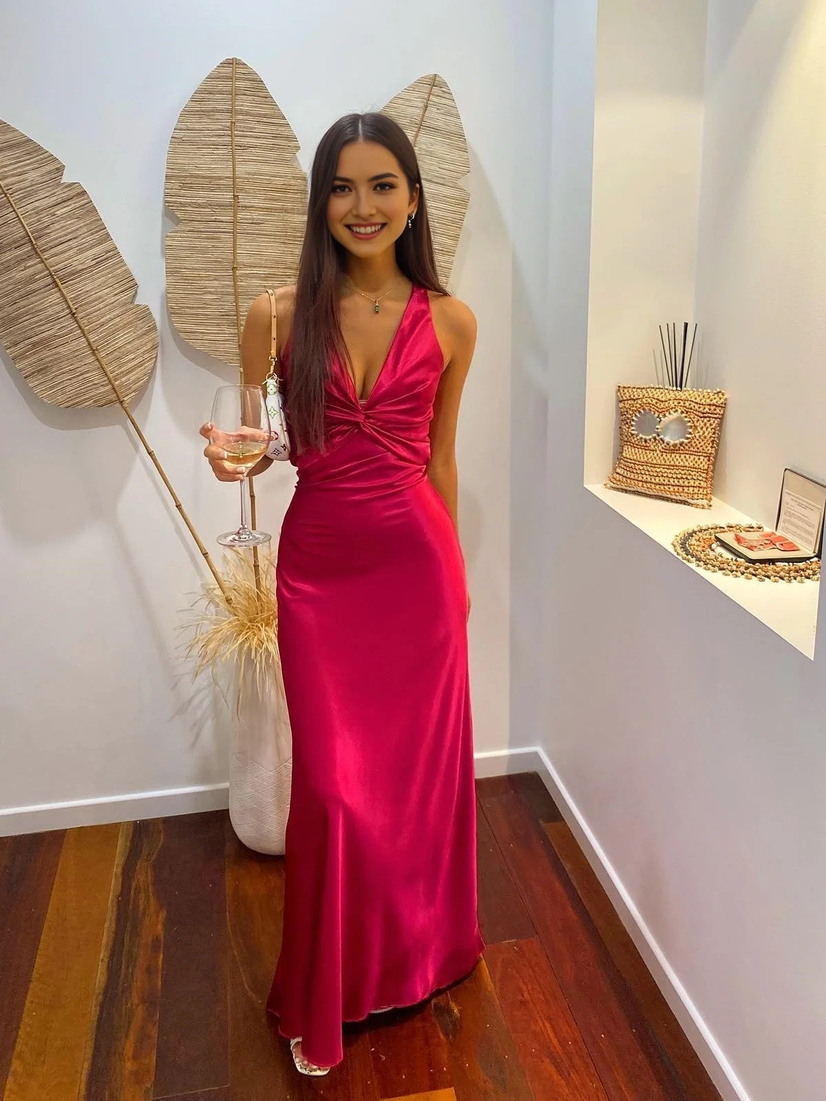Bow V Neck Sheath Floor-Length Satin Bridesmaid Dress for Garden Wedding