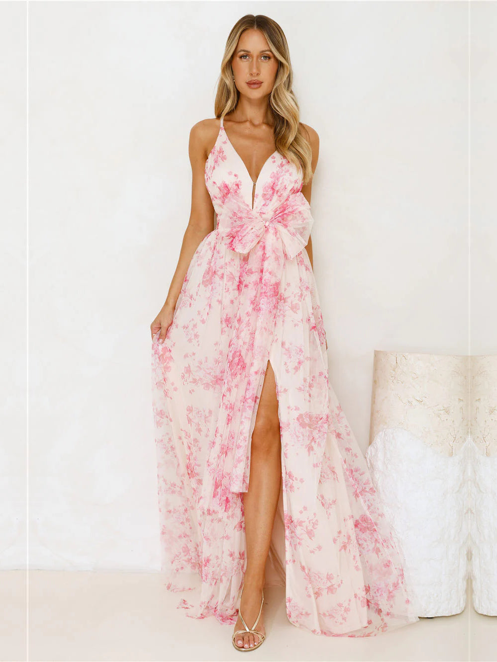 Fuchsia Floral Print Halter Neck Slit Maxi Formal Dress