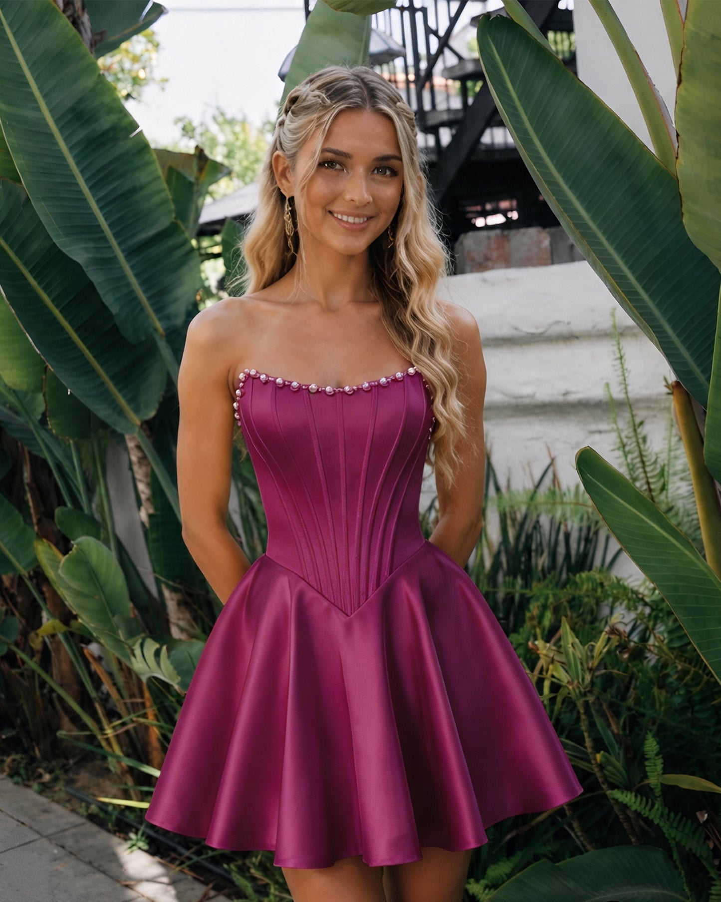 Strapless Pearl Trim Satin Corset Homecoming Dress