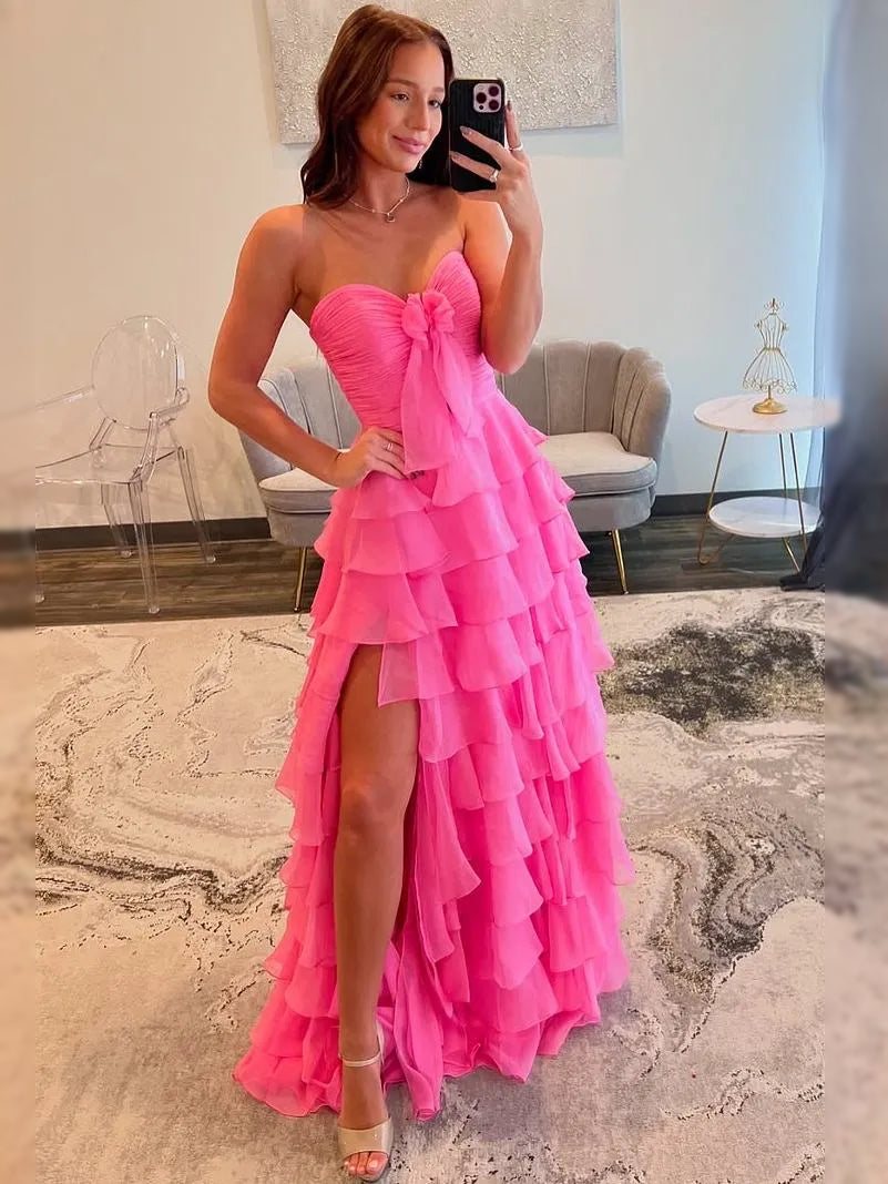 Ruched Draped Ruffled Slit Sweetheart A-Line Maxi Chiffon Prom Dress for Ballroom Event