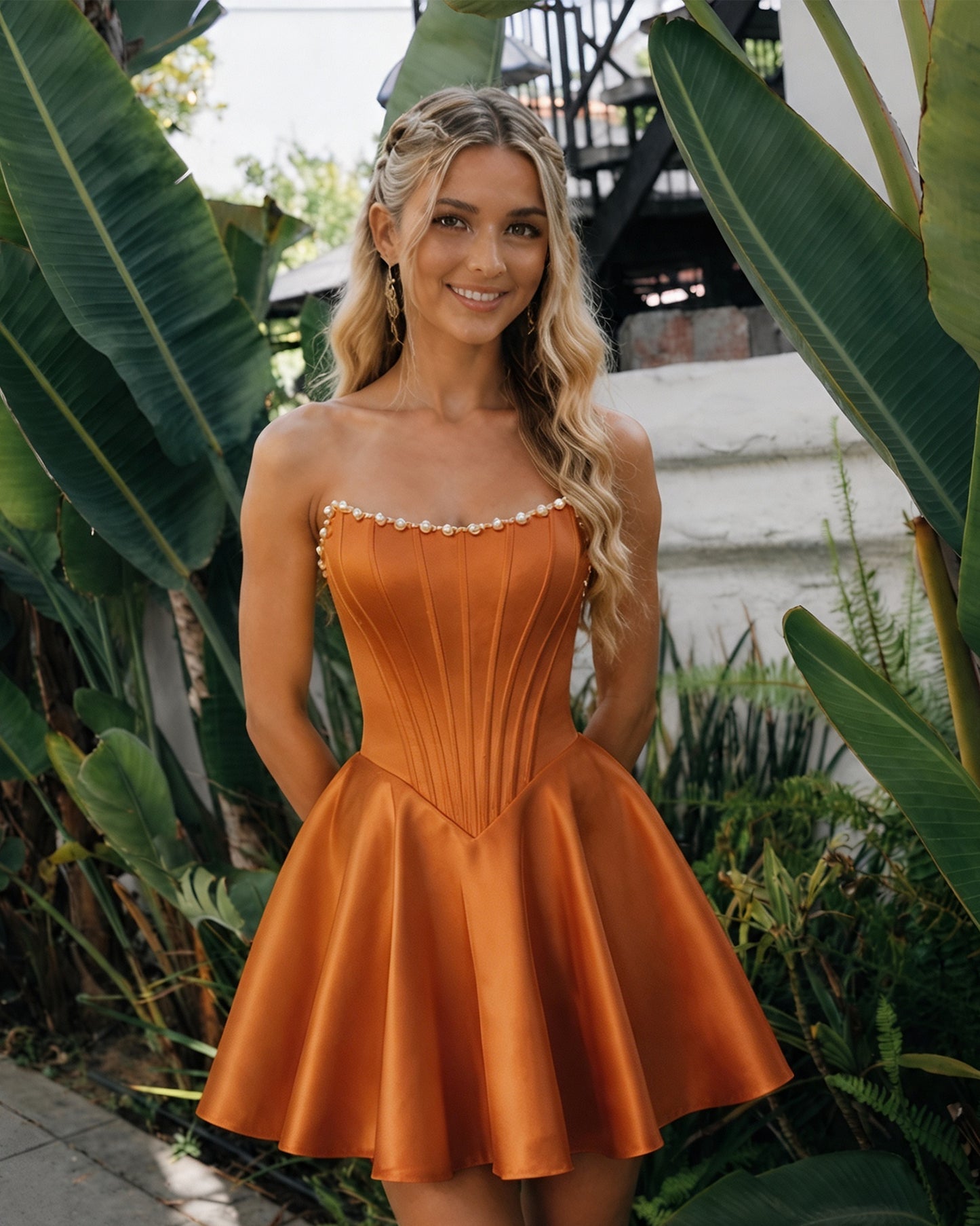 Strapless Pearl Trim Satin Corset Homecoming Dress