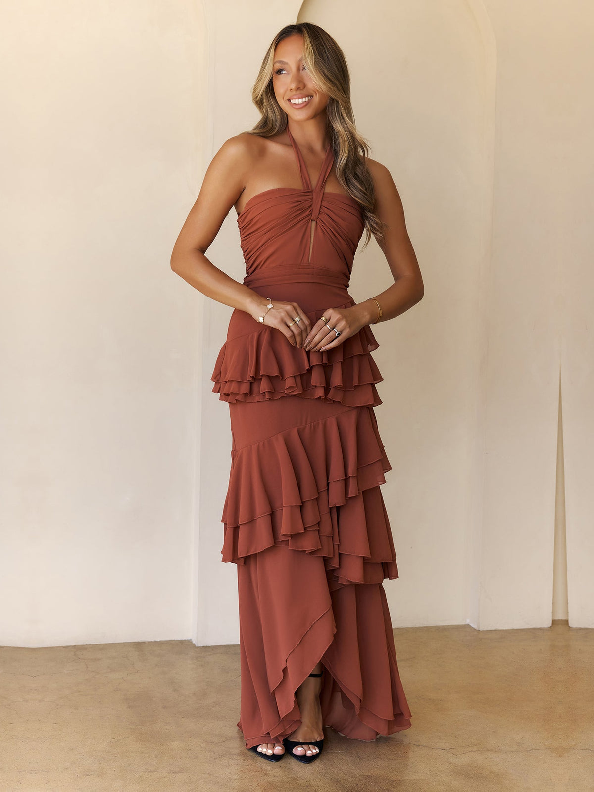 Rust Halter Neck Tiered Ruffles Maxi Formal Dress