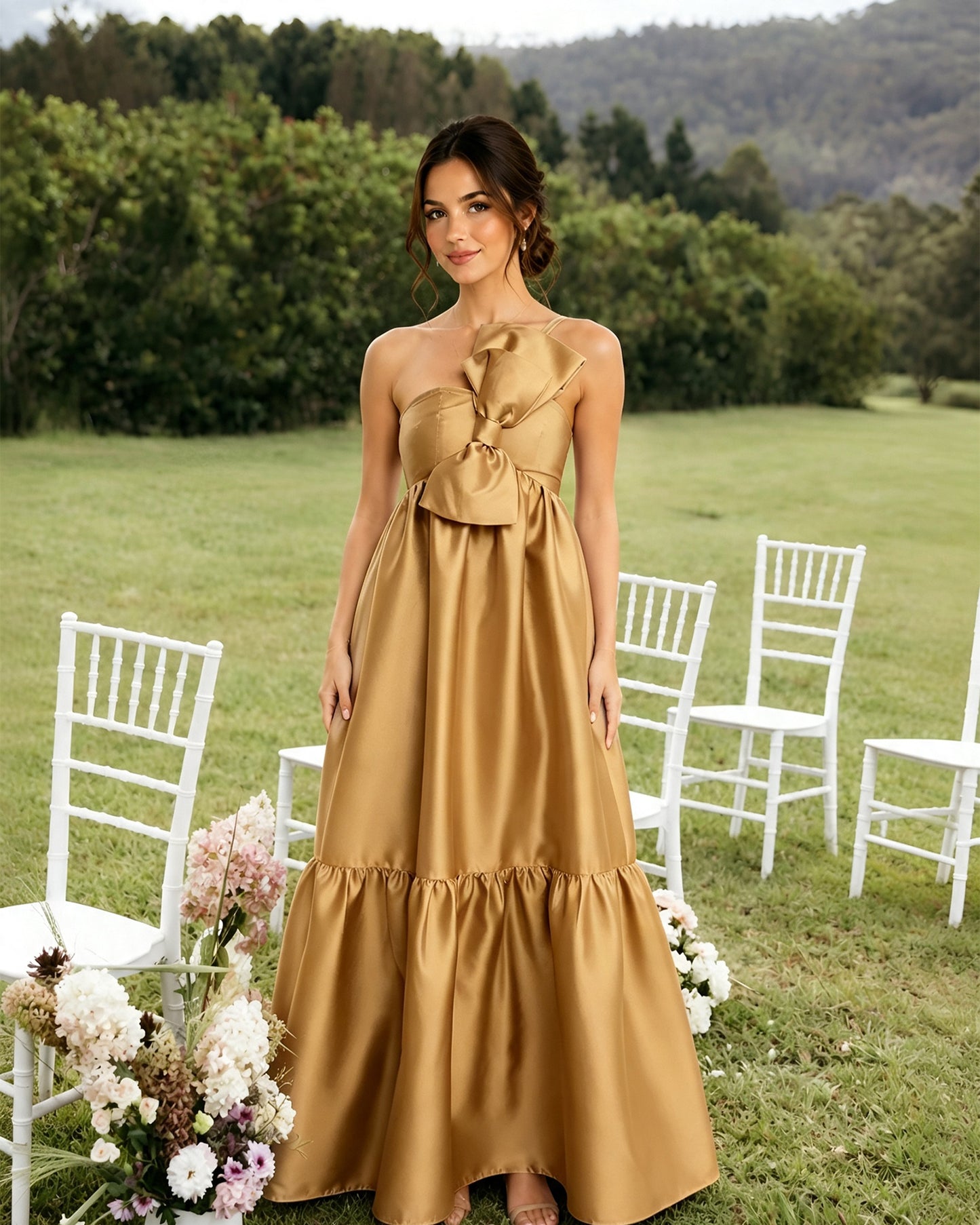 One-Shoulder Satin A-Line Bridesmaid Dress with Statement Ruffle