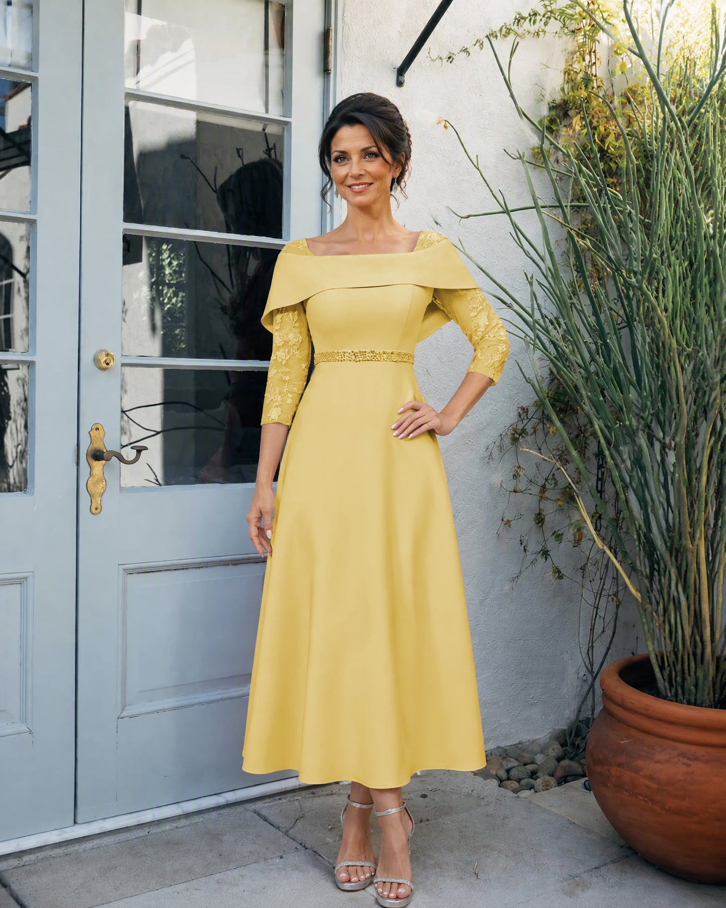 Off-Shoulder Tea-Length A-Line Mother of the Bride Dress with Lace Sleeves