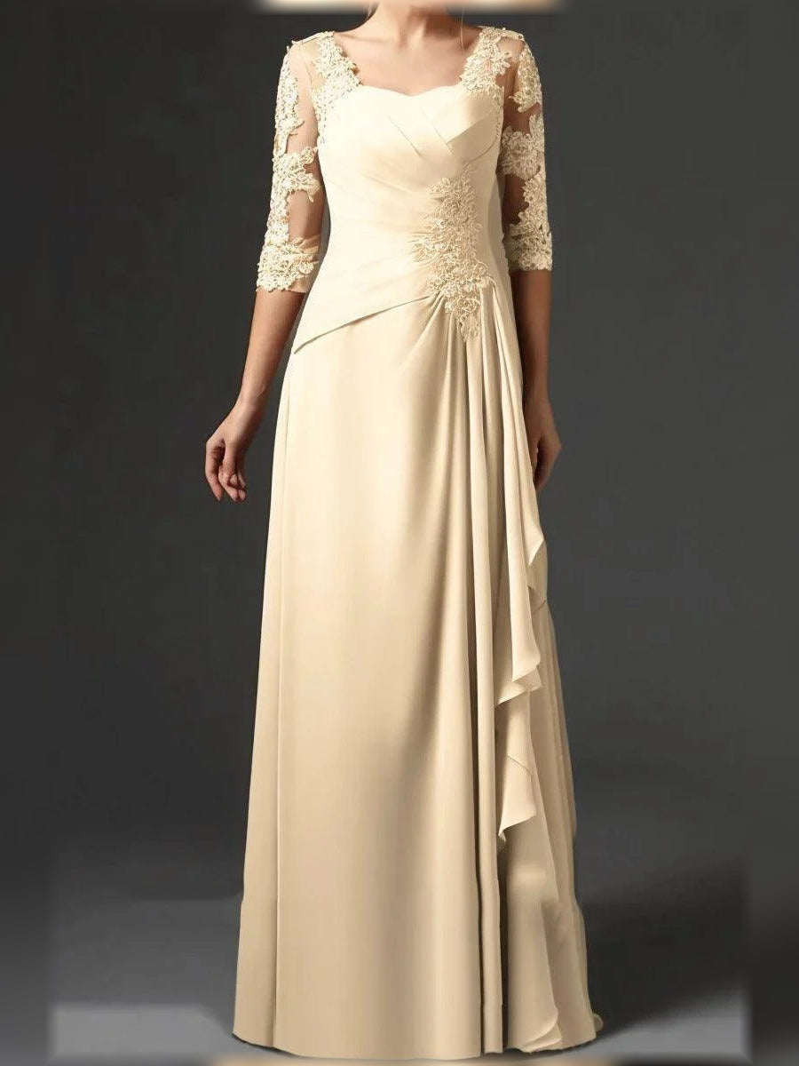 Ruched Draped Floral Ruffled Square Neck A-Line Floor-Length Chiffon Mother of the Bride Dress for Ceremony Dinner
