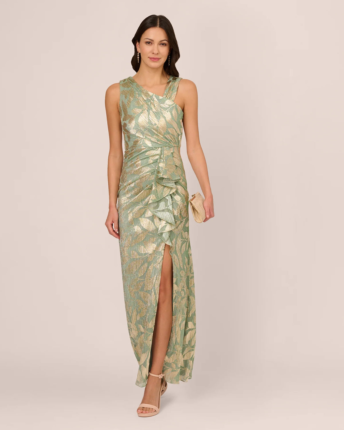 Draped Ruffled Asymmetrical Neck Mermaid Floor-Length Mother of the Bride Dress for Bridal Luncheon