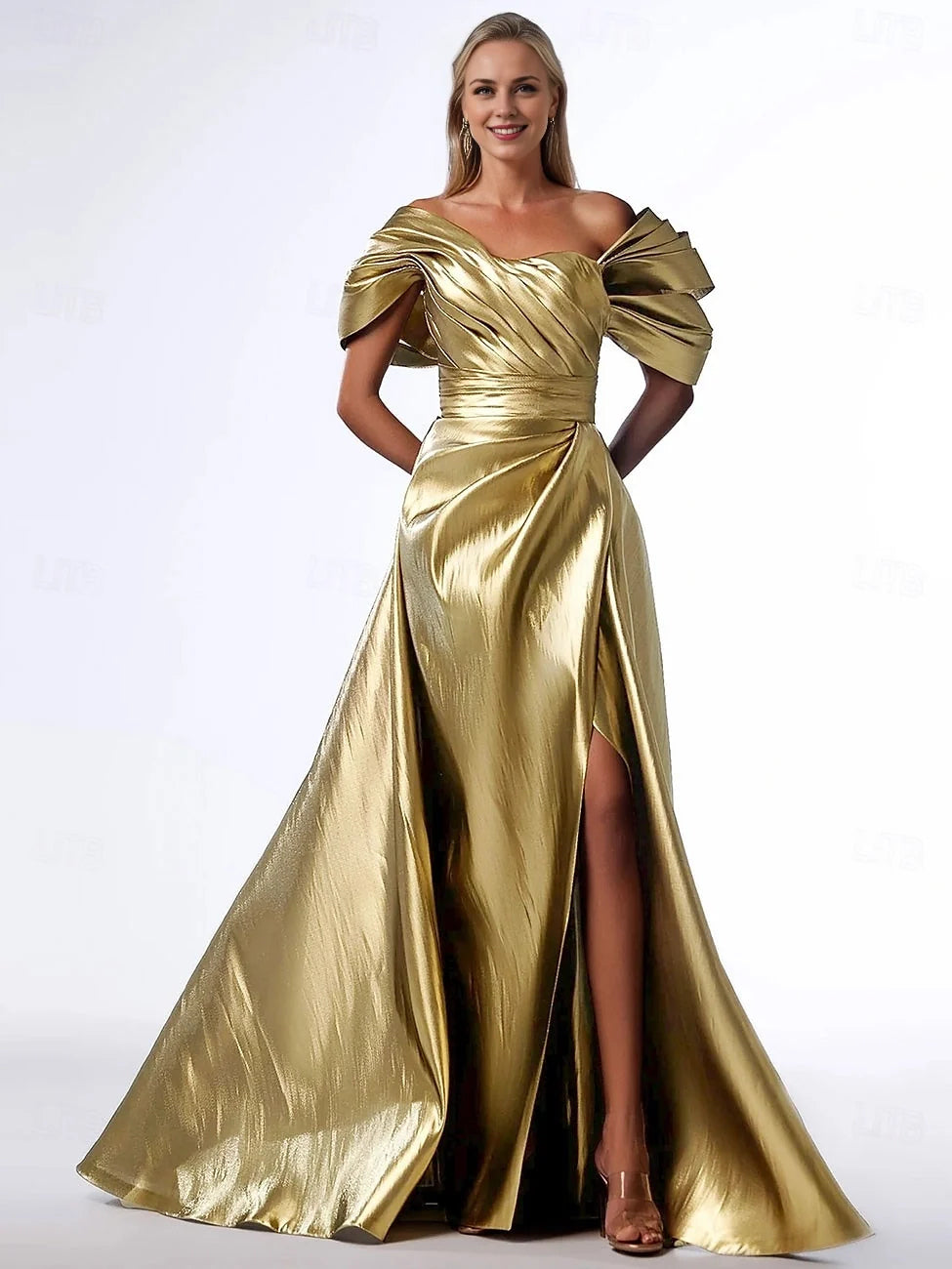 Gold Ruched Pleated Slit Off Shoulder A-Line Maxi Satin Prom Dress for Evening Ceremony