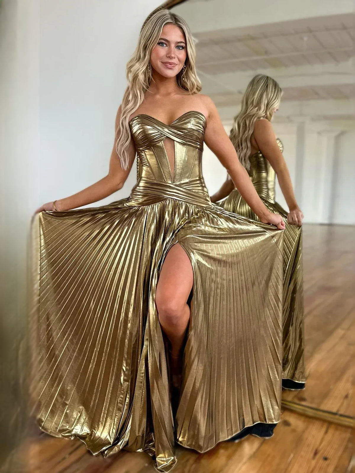 Corset Slit Strapless A-Line Floor-Length Prom Dress for Formal Party