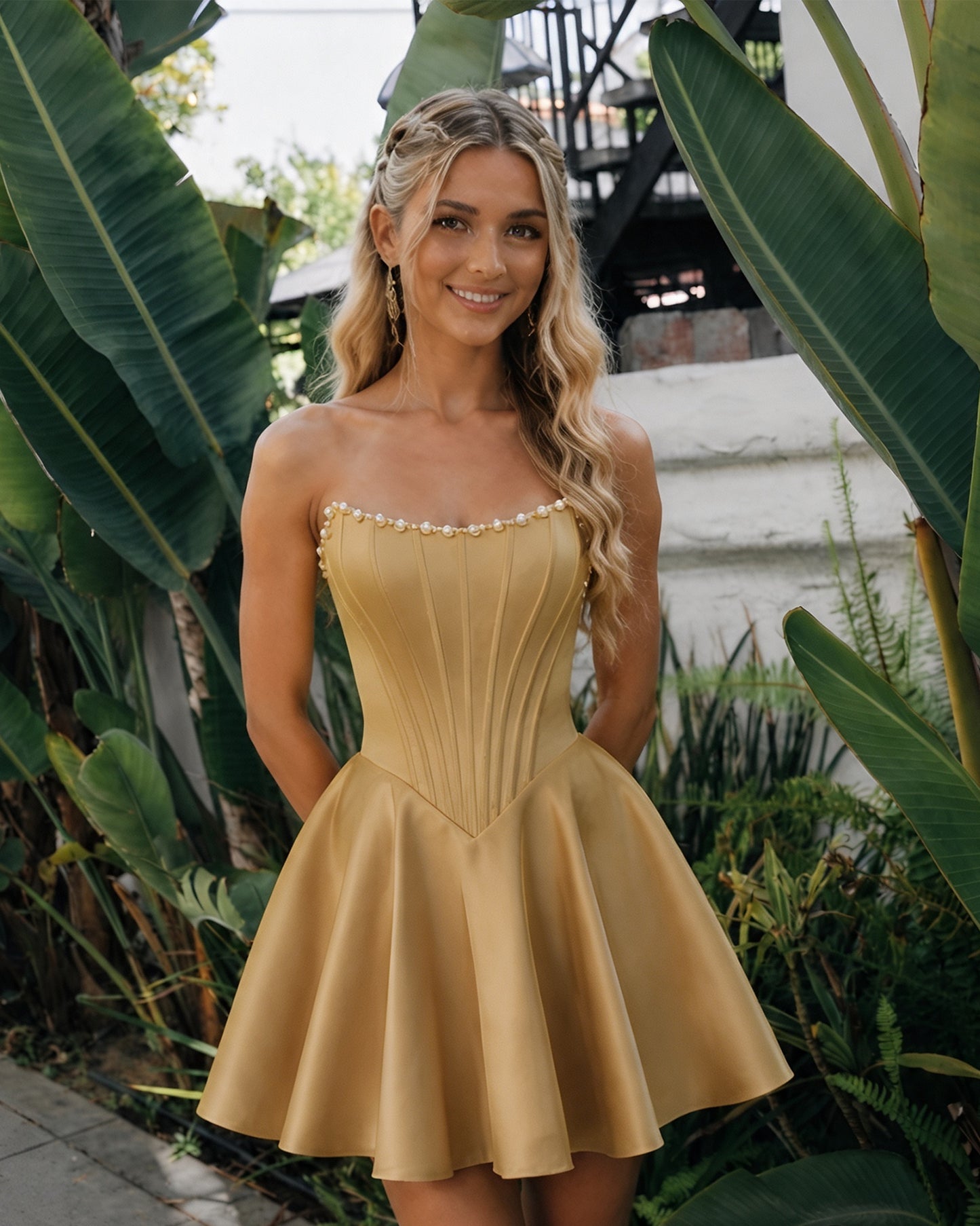 Strapless Pearl Trim Satin Corset Homecoming Dress