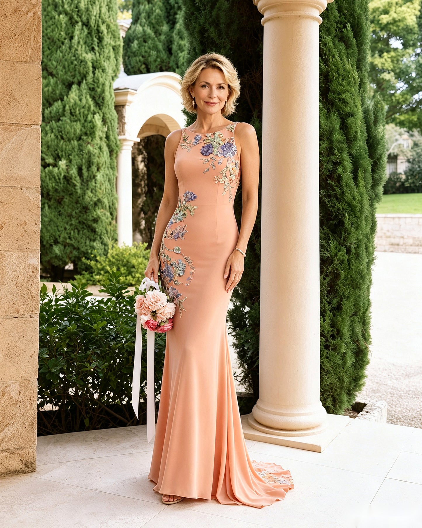 Floral Embroidered Halter Mother of the Bride Dress with Statement Train