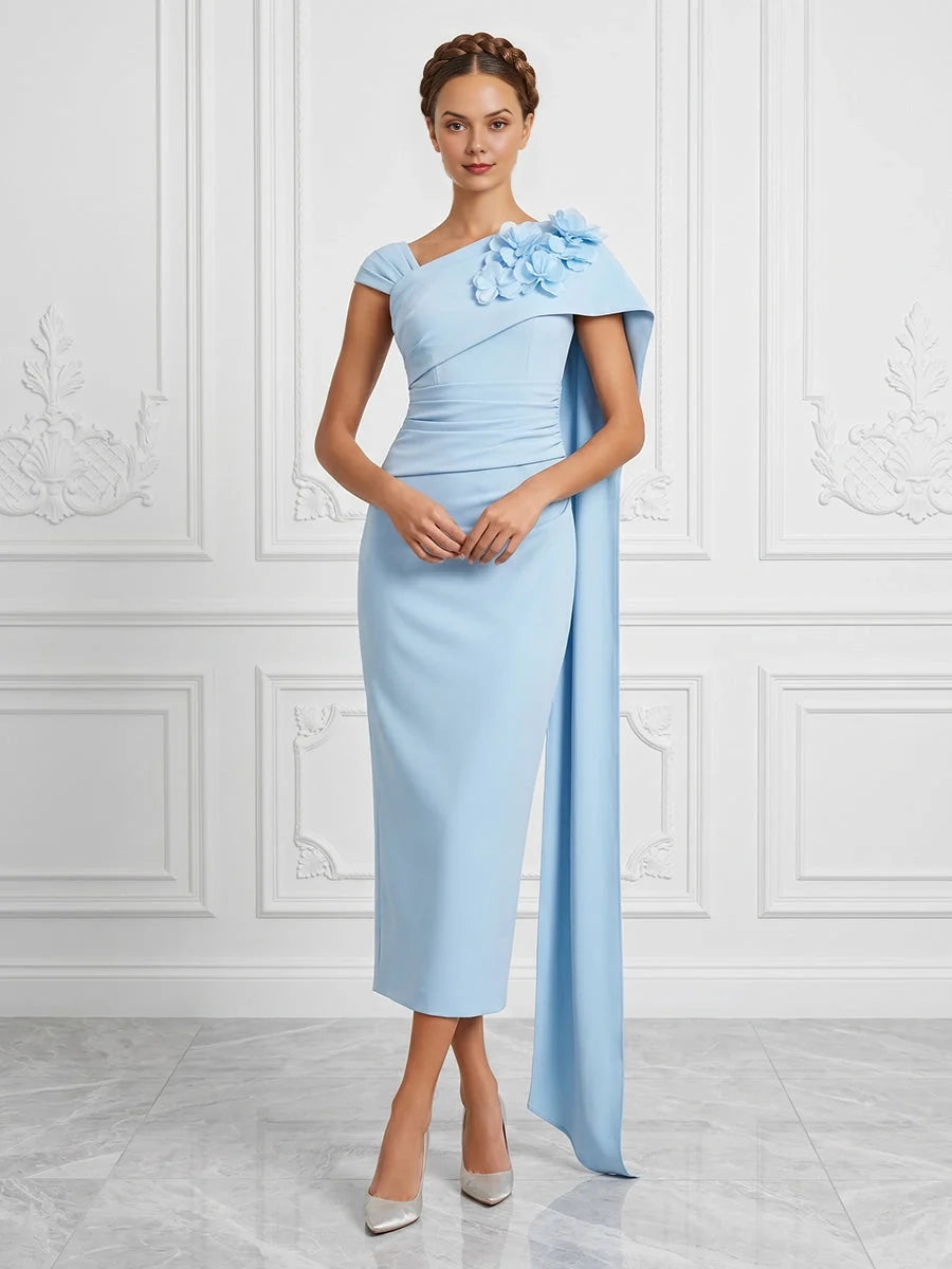 Ruched Flower-Applique Floral One Shoulder Sheath Midi Mother of the Bride Dress for Engagement Dinner