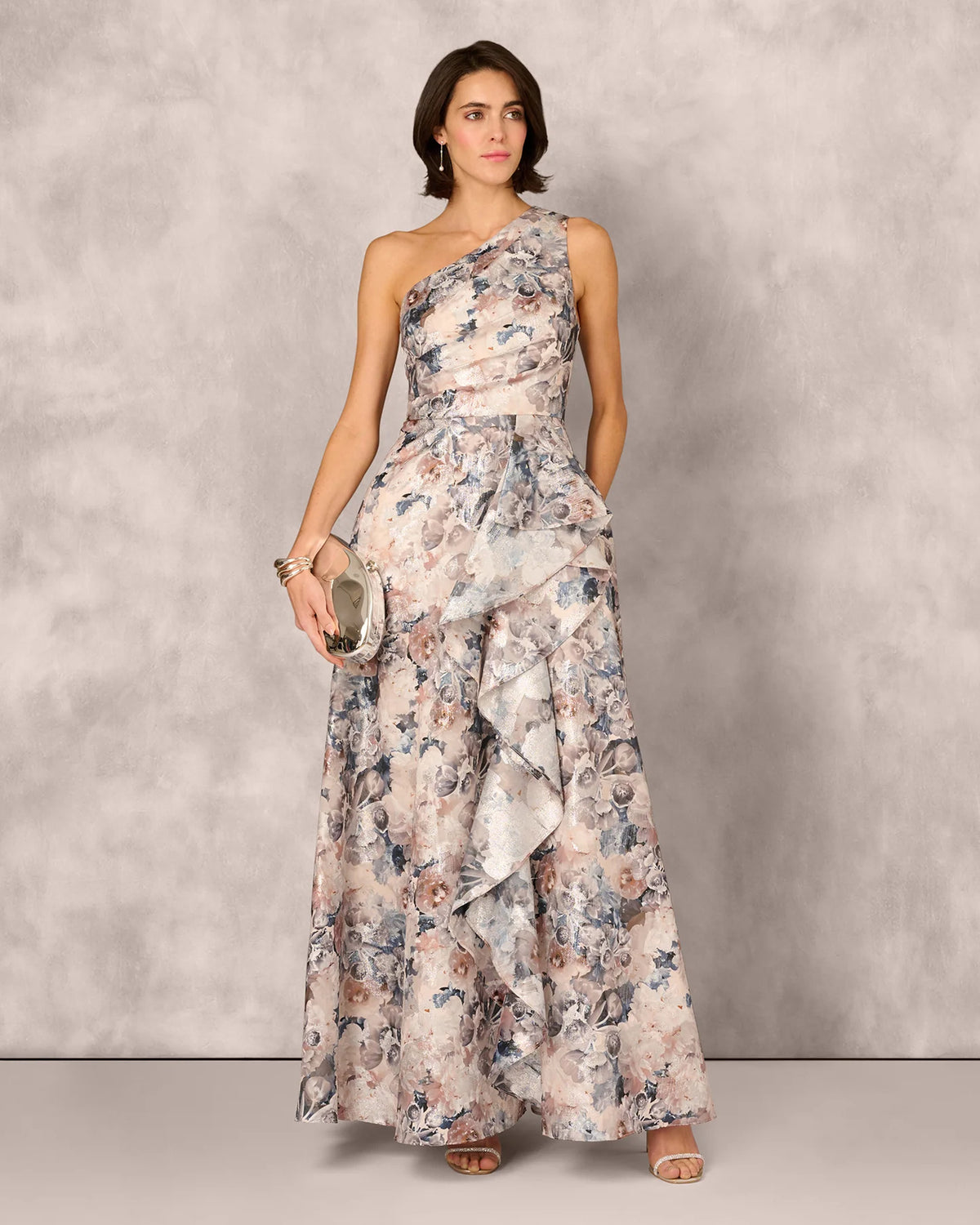 Floral Print Ruffle One-Shoulder A-Line Maxi Mother of the Bride Dress for Vineyard Wedding