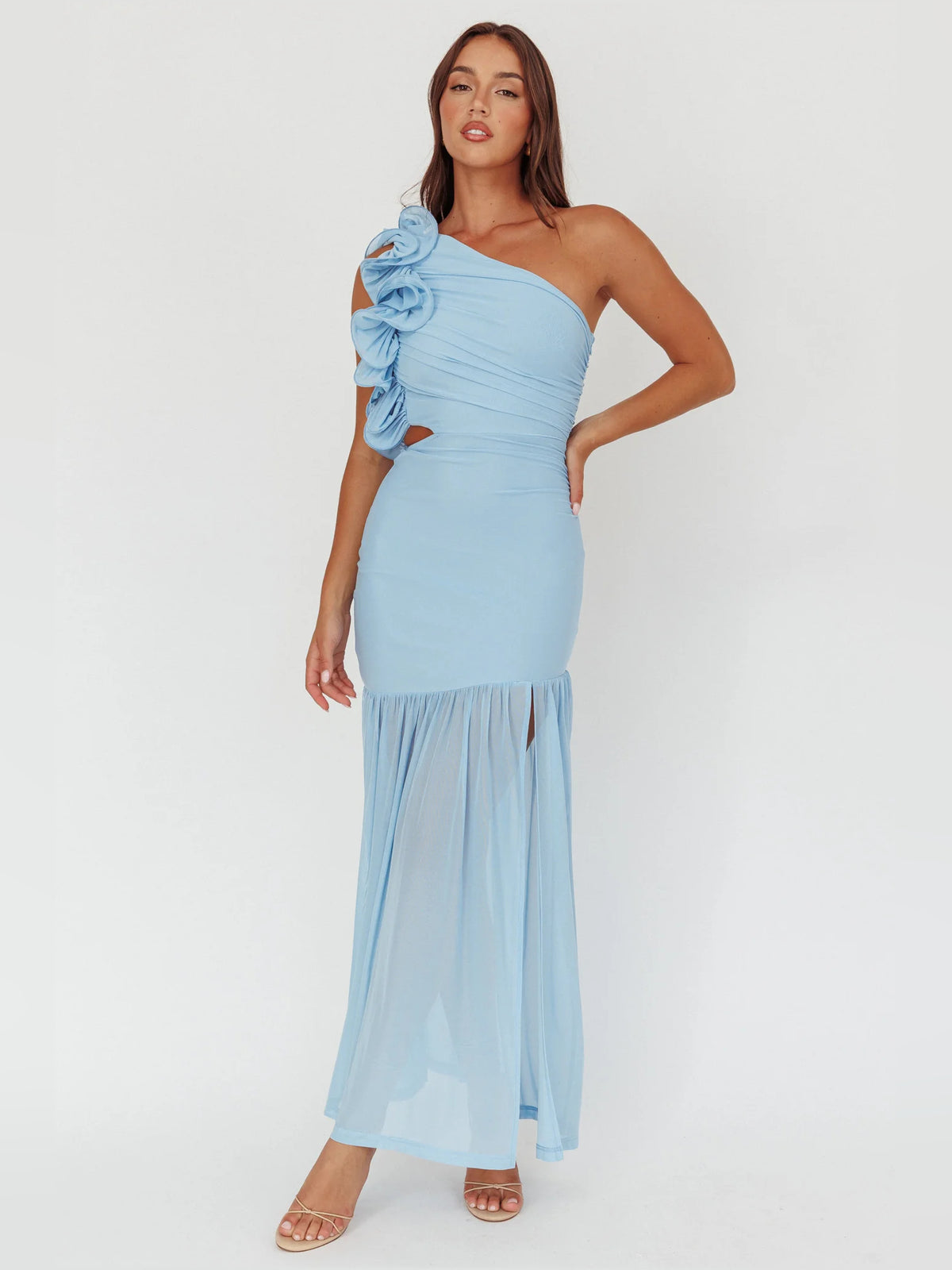 Blue One-Shoulder Ruffles Cutout Maxi Formal Dress