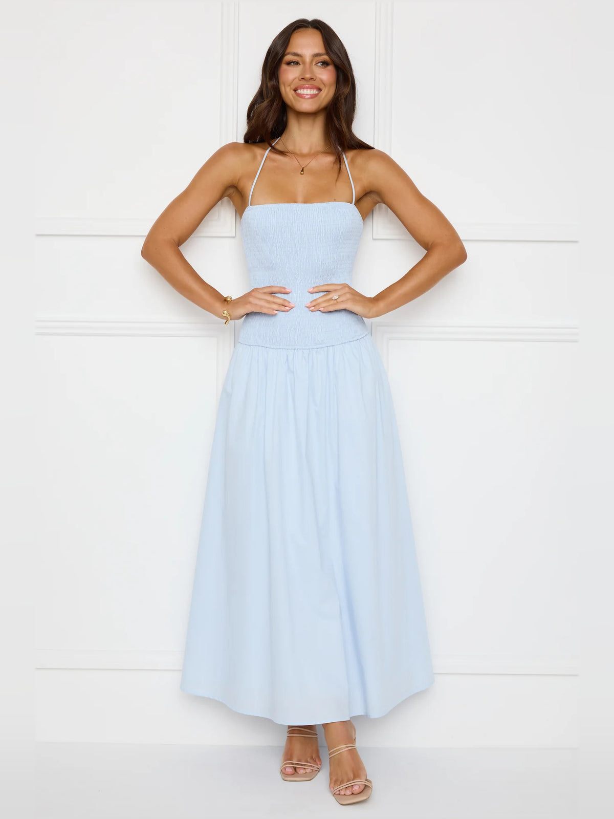 Blue Strapless A-Line Maxi Formal Dress