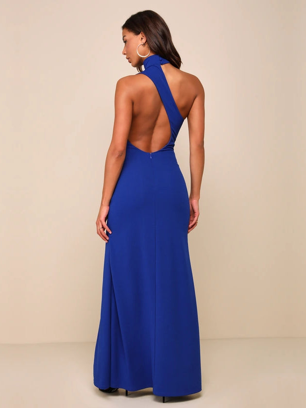Blue Halter Neck Slit Cutout Maxi Formal Dress