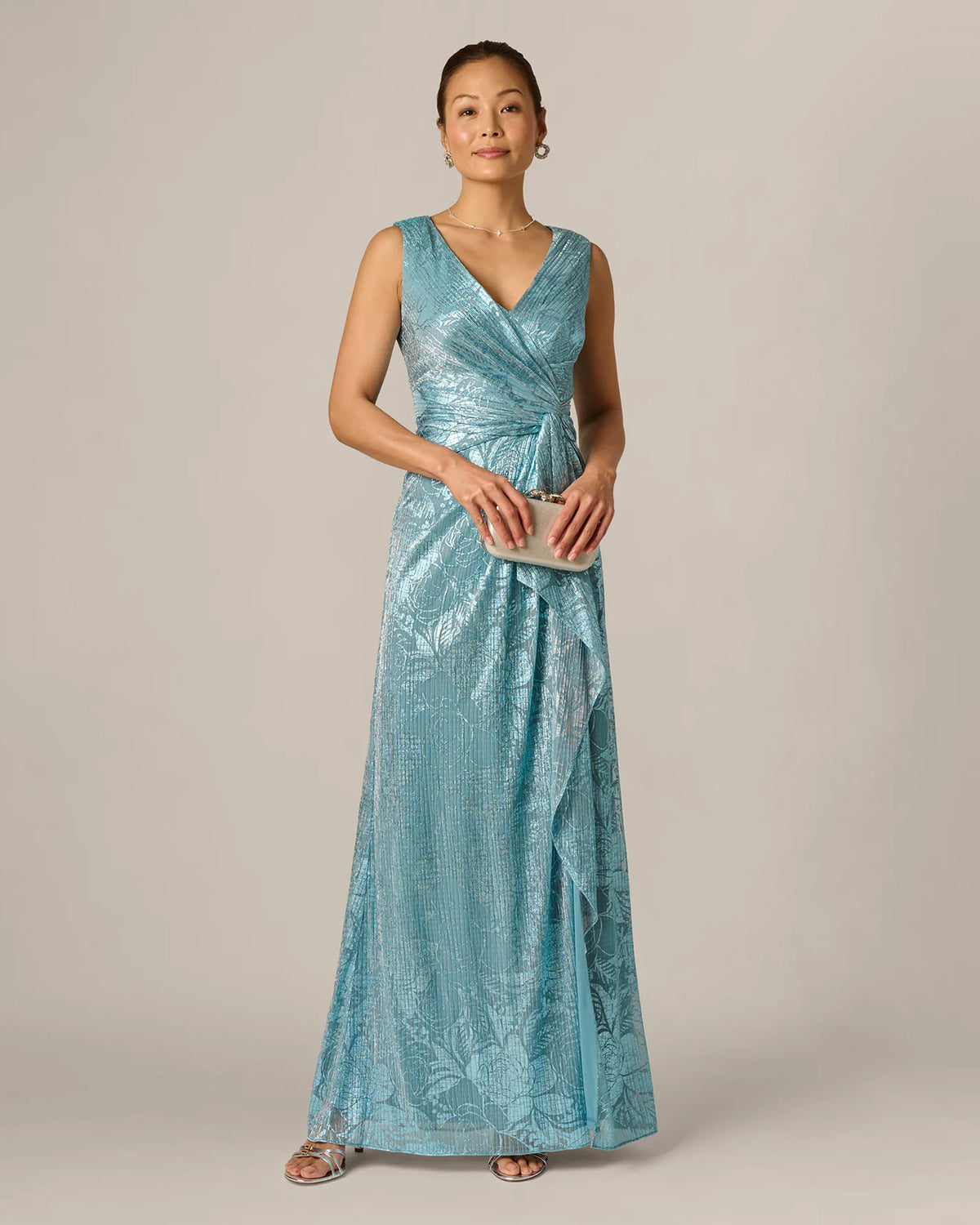 Floral Print Draped A-Line Maxi Mother of the Bride Dress for Formal Dinner