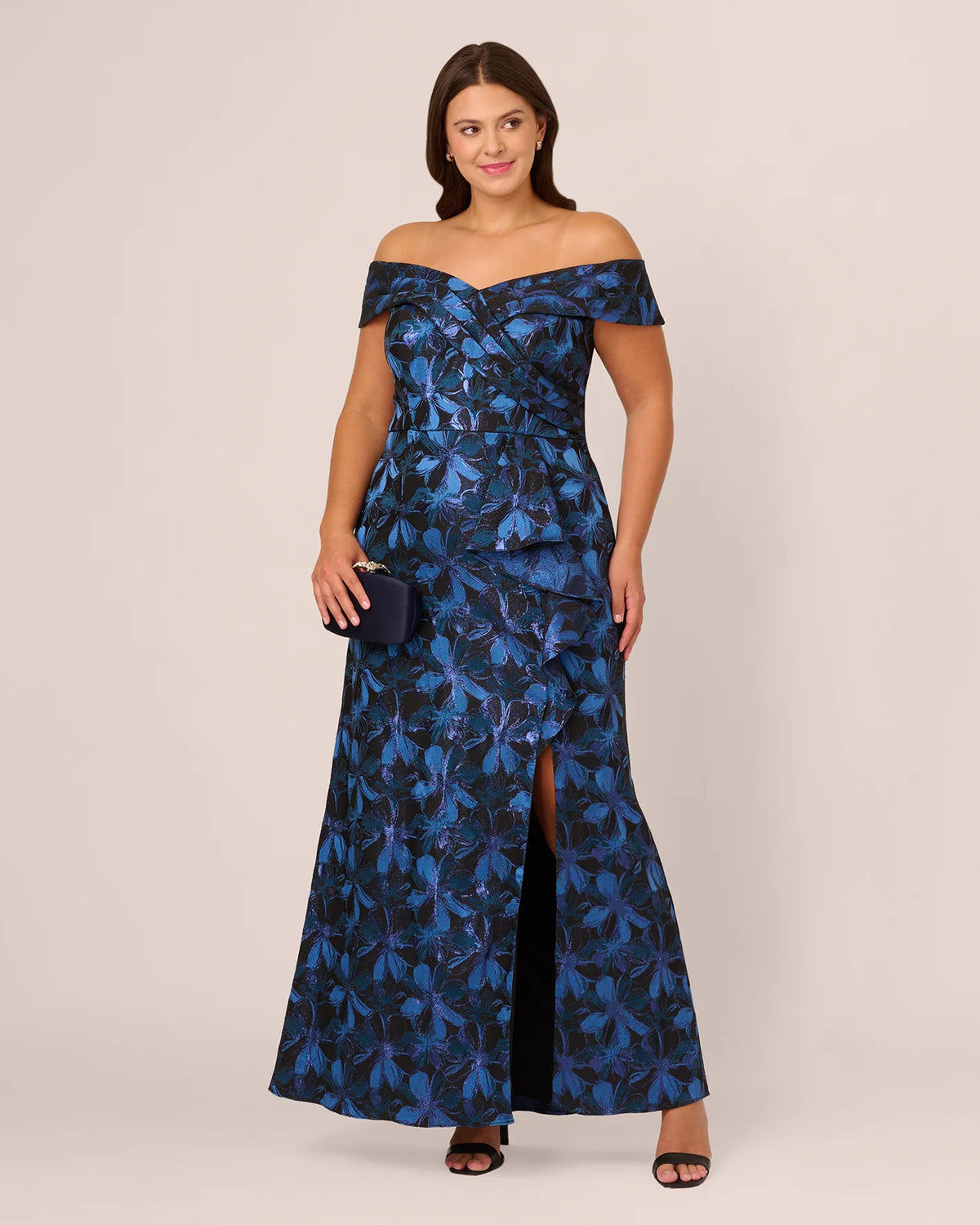 Pleated Side-Slit Off Shoulder Mermaid Floor-Length Mother of the Bride Dress for Formal Dinner