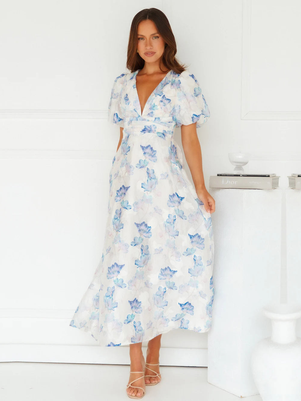 Blue V Neck Short Sleeves A-Line Maxi Formal Dress