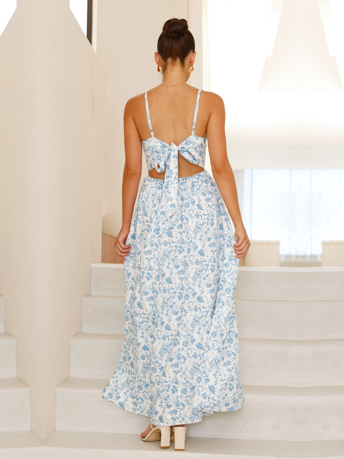 Blue Floral V Neck Spaghetti Strap A-Line Maxi Formal Dress