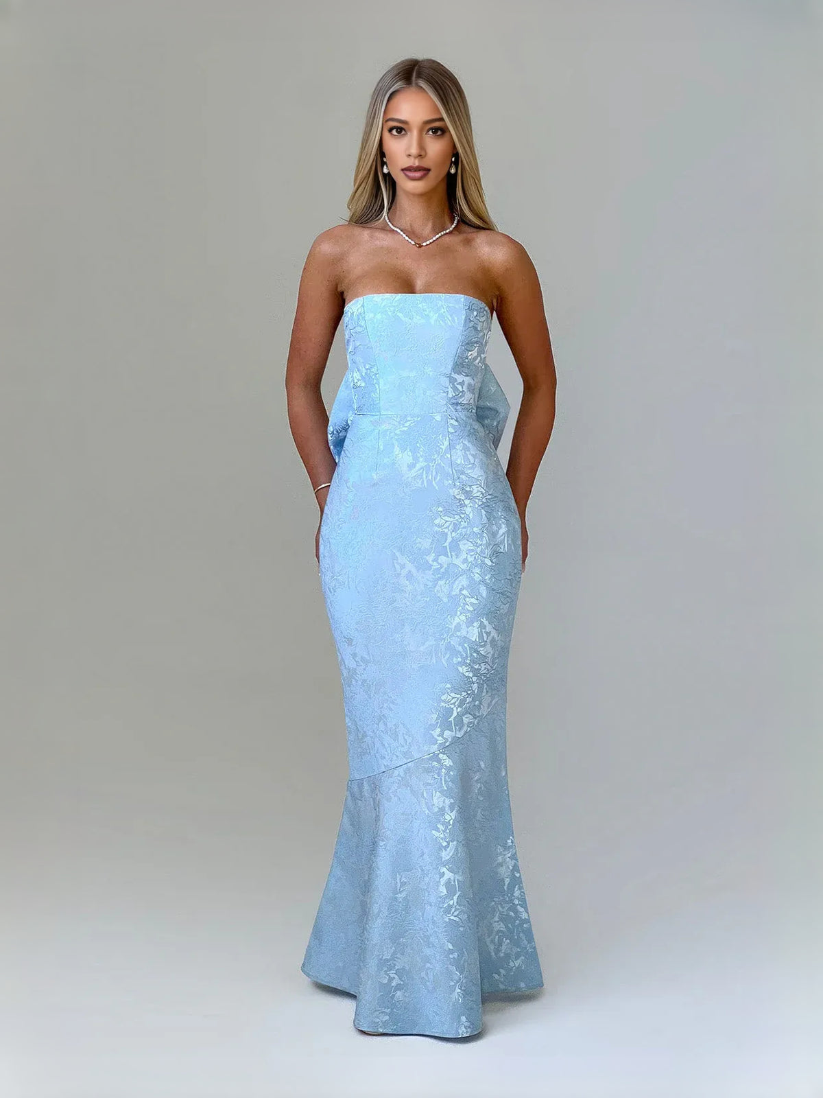 Blue Bow Sweetheart Sheath Maxi Prom Dress for Pageant