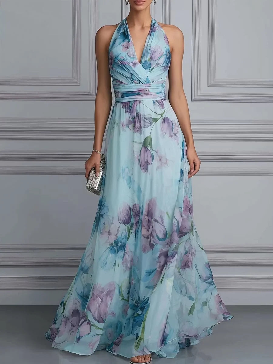 Ruched Draped Floral V Neck Mermaid Maxi Chiffon Bridesmaid Dress for Bridal Party