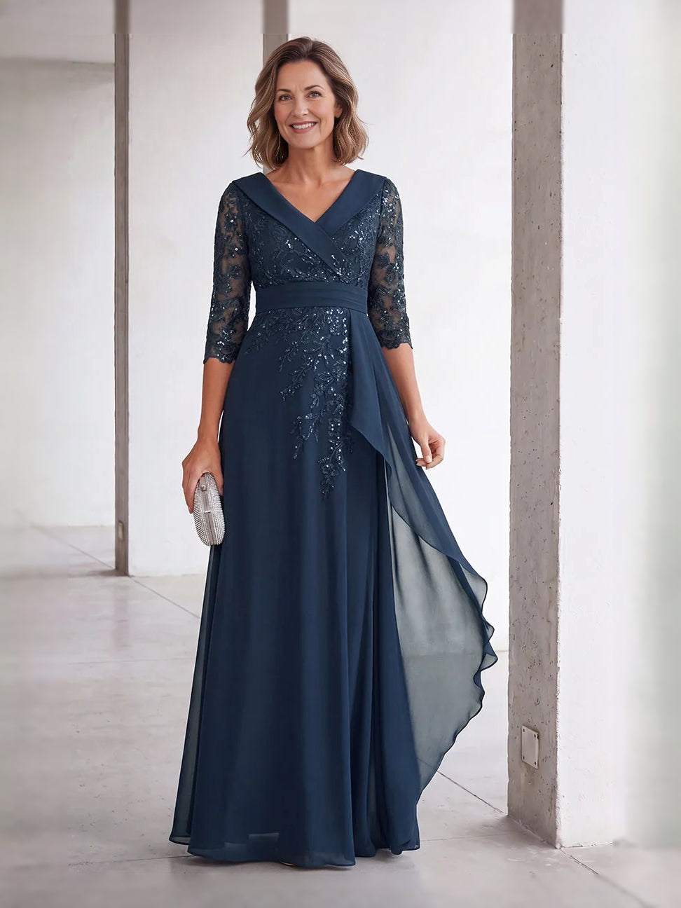 Draped Sequin V Neck A-Line Floor-Length Chiffon Mother of the Bride Dress for Formal Dinner