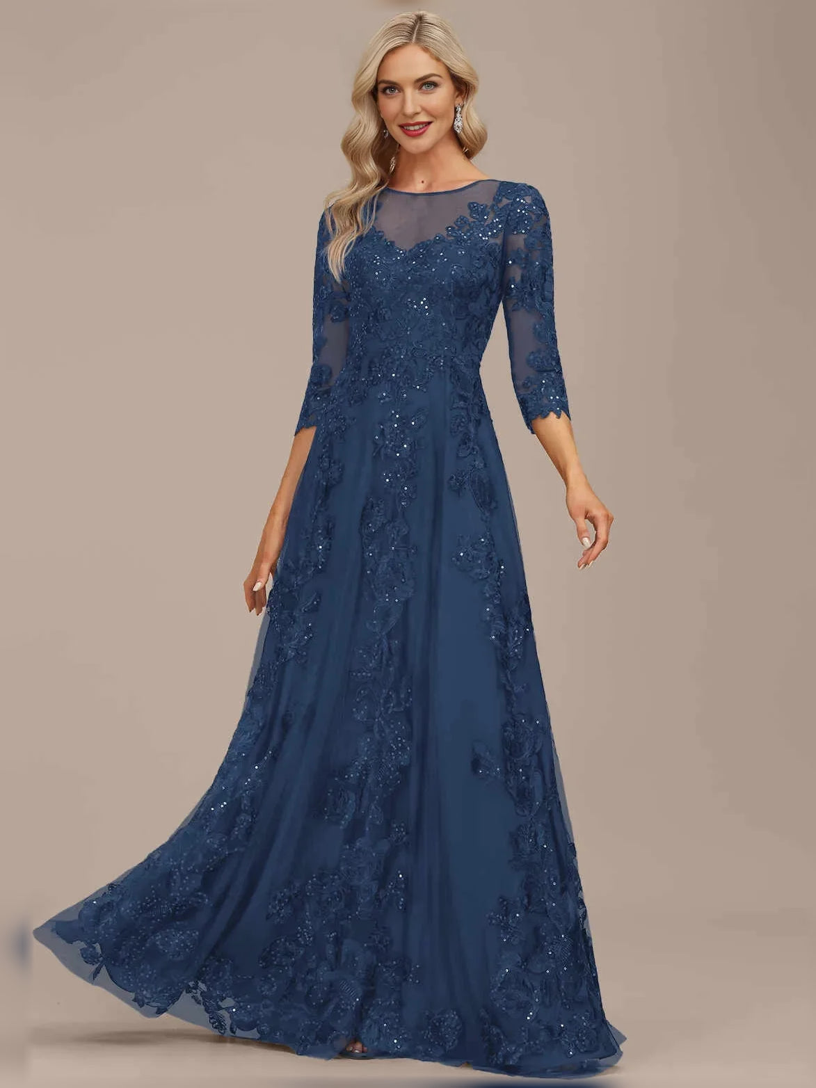 Cut-Out Sequin Floral Illusion Neck A-Line Maxi Tulle Mother of the Bride Dress for Wedding Reception