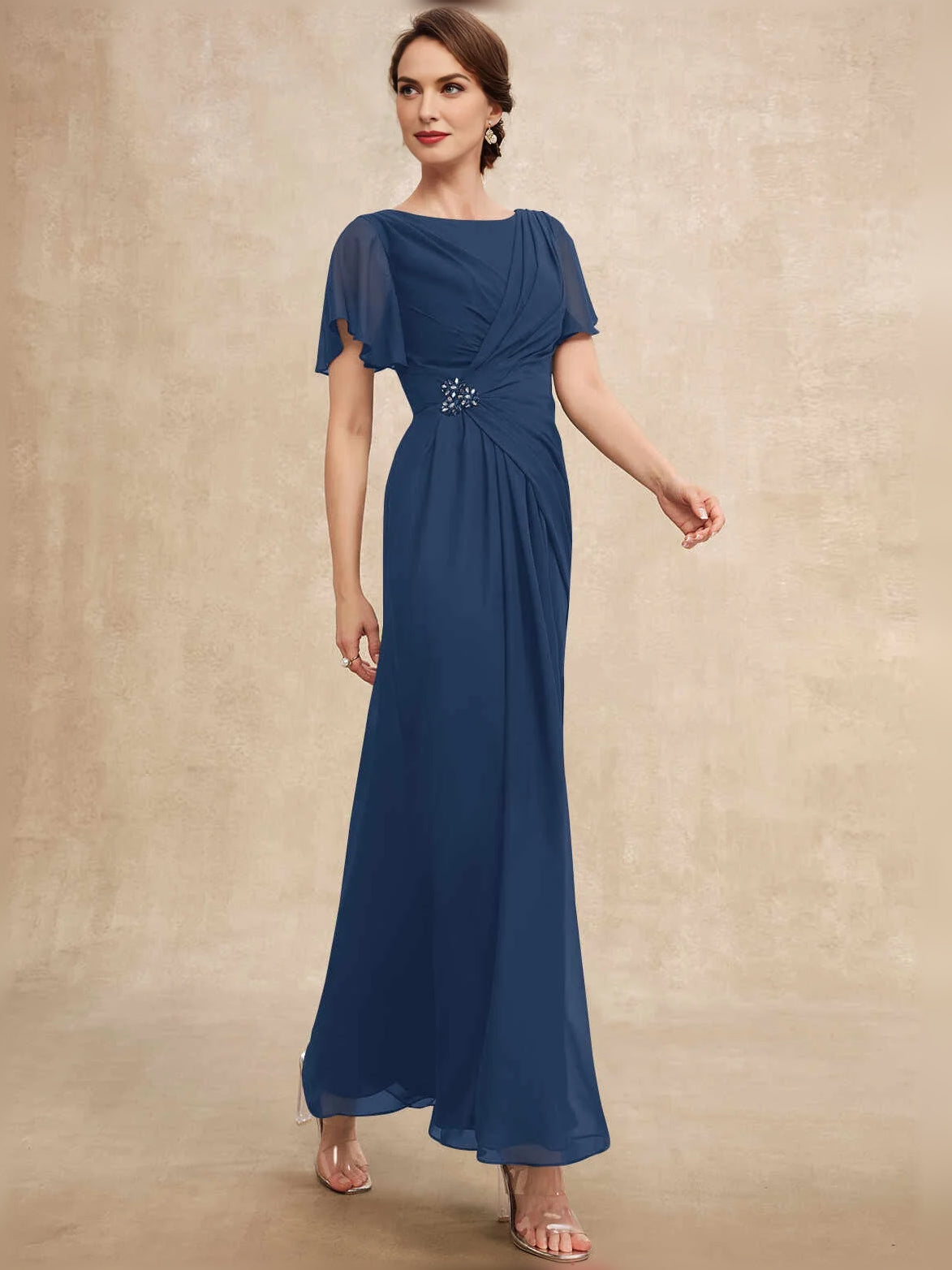 Ruched Draped Bateau Neck A-Line Maxi Chiffon Mother of the Bride Dress for Reception Dinner