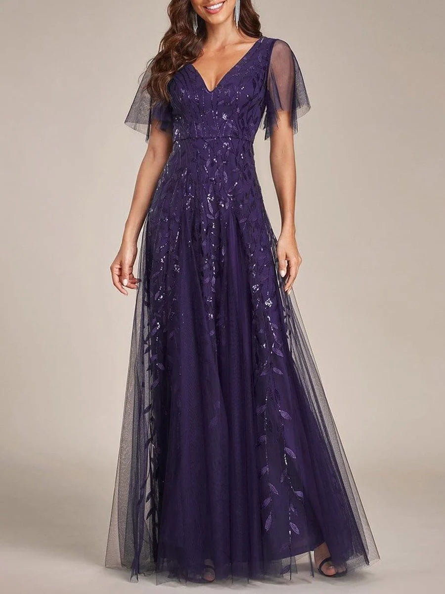 Layered Embroidered V Neck A-Line Floor-Length Tulle Mother of the Bride Dress for Evening Wedding