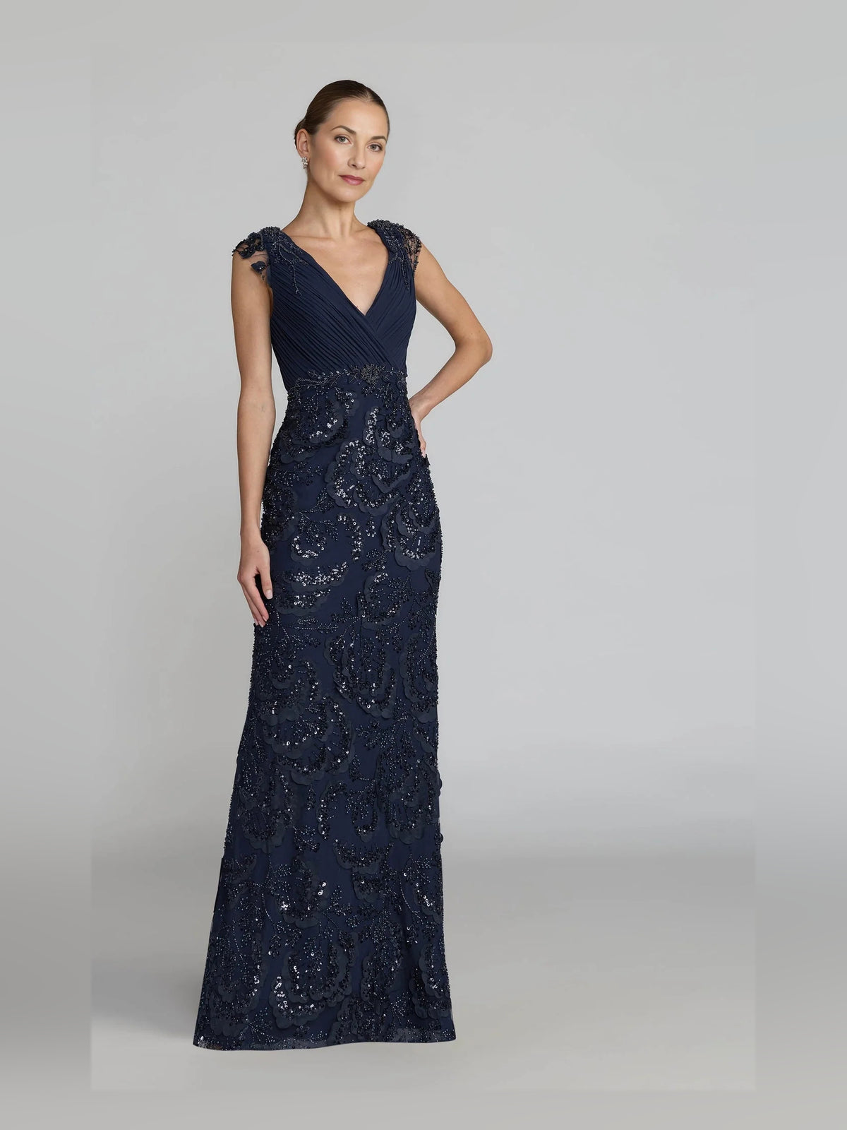 Ruched Pleated Floral V Neck Sheath Floor-Length Chiffon Mother of the Bride Dress for Wedding Ceremony
