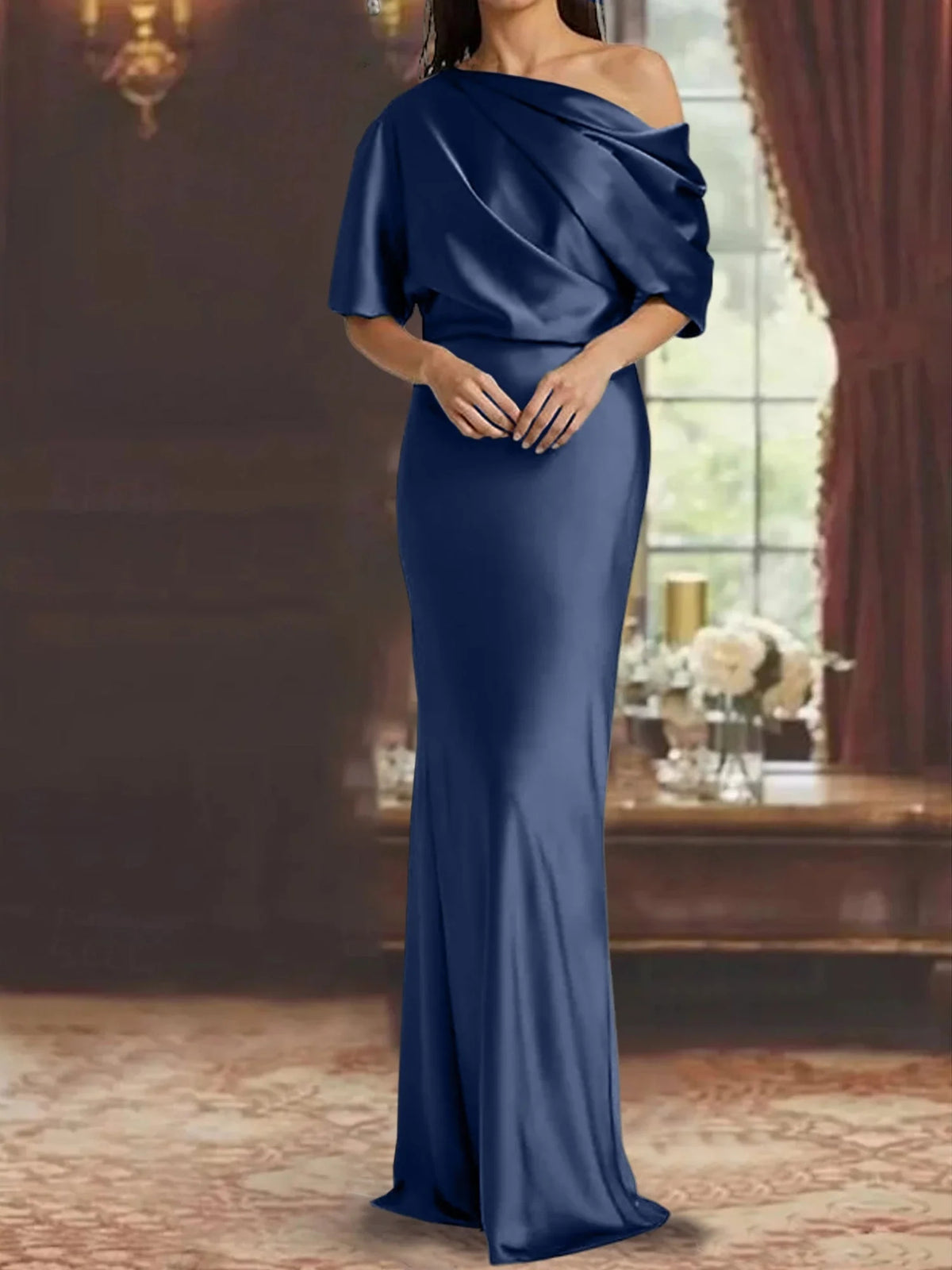 Draped One Shoulder Mermaid Floor-Length Satin Mother of the Bride Dress for Seaside Wedding