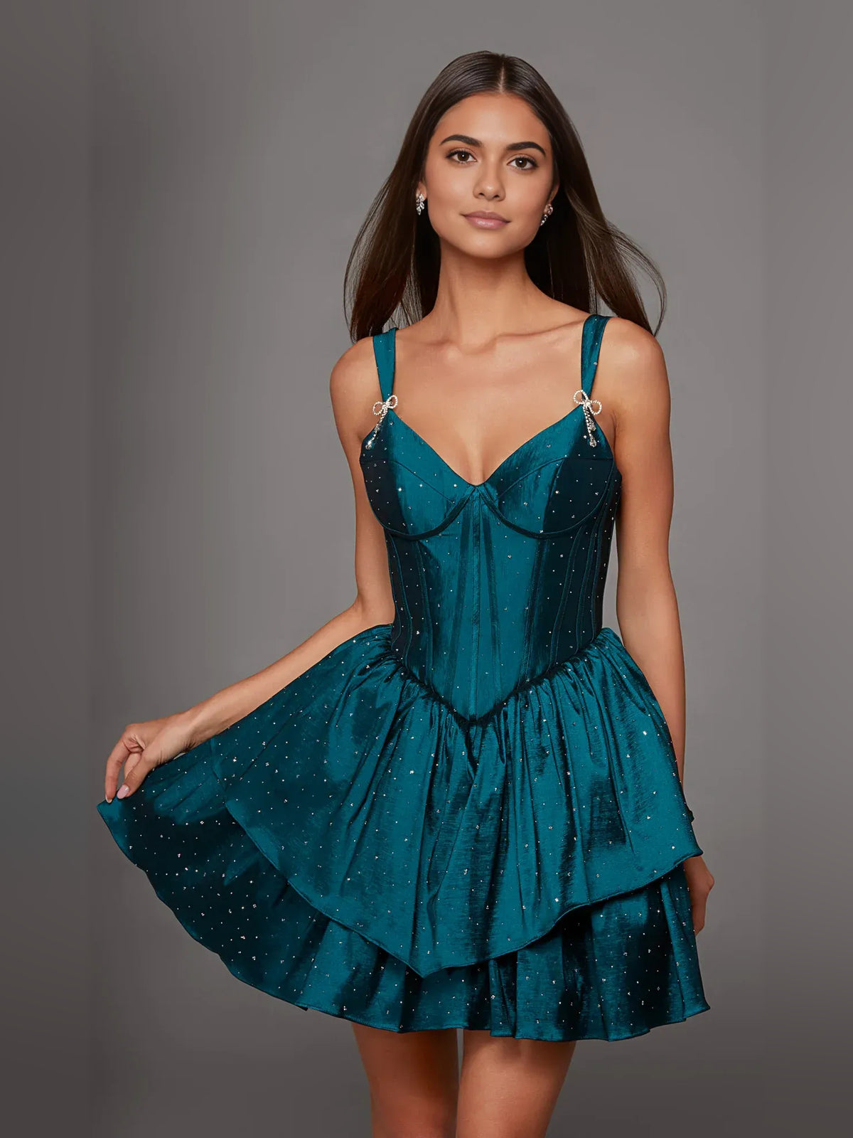 Corset Layered Ruffled V Neck Fit-and-Flare Mini Satin Homecoming Dress for Autumn Reception