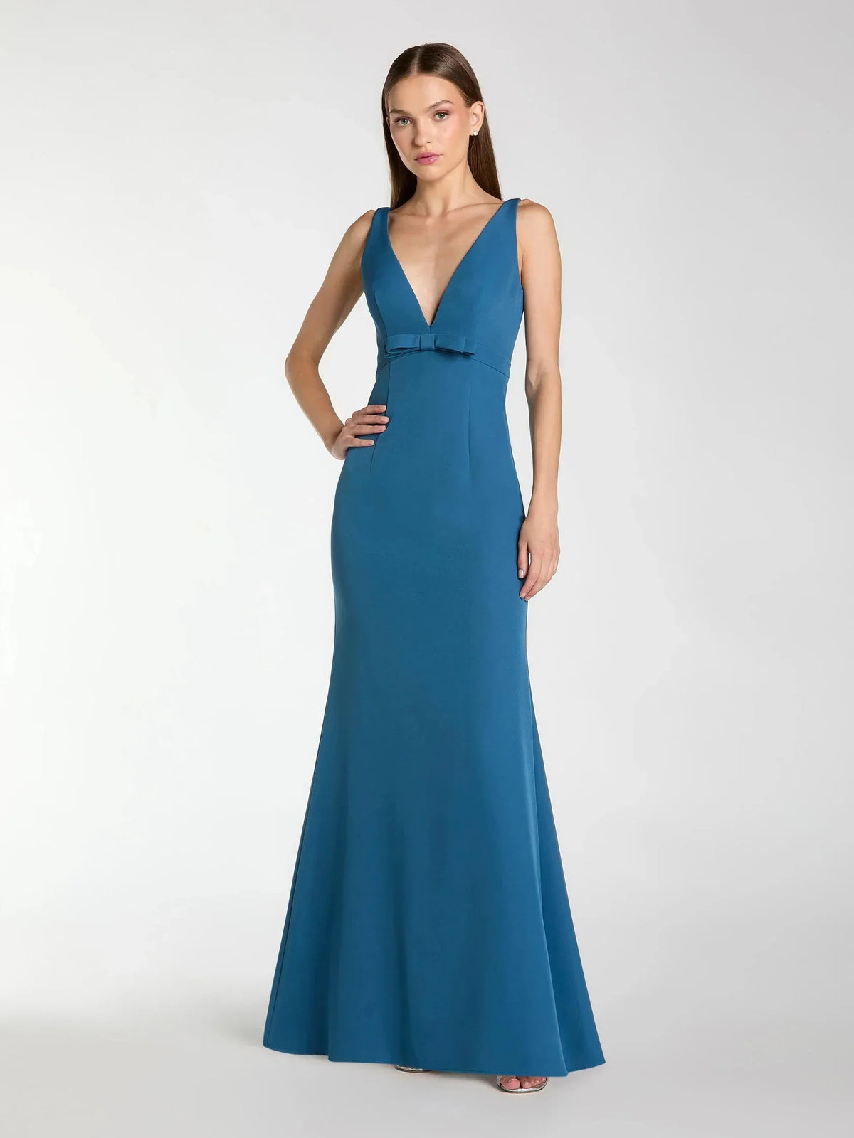 Bow V Neck Mermaid Floor-Length Crepe Bridesmaid Dress for Church Wedding