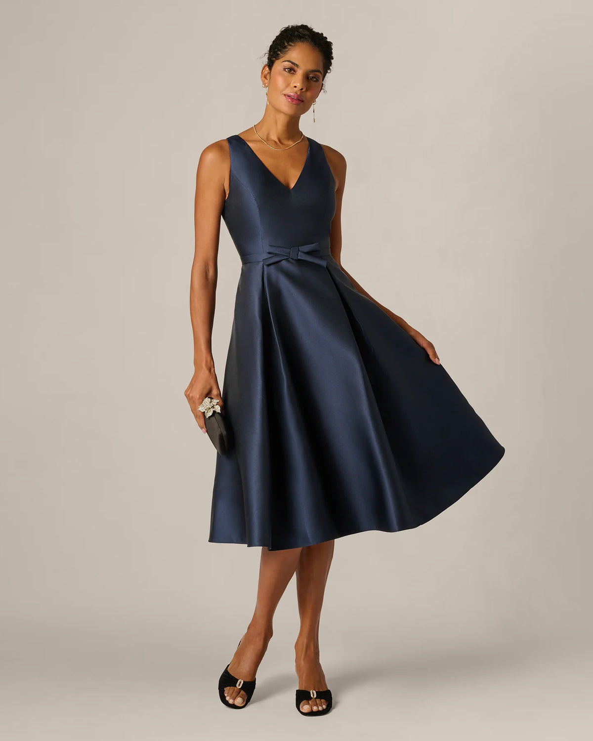 Bow Detail Fit-and-Flare Midi Mother of the Bride Dress for Gala Dinner