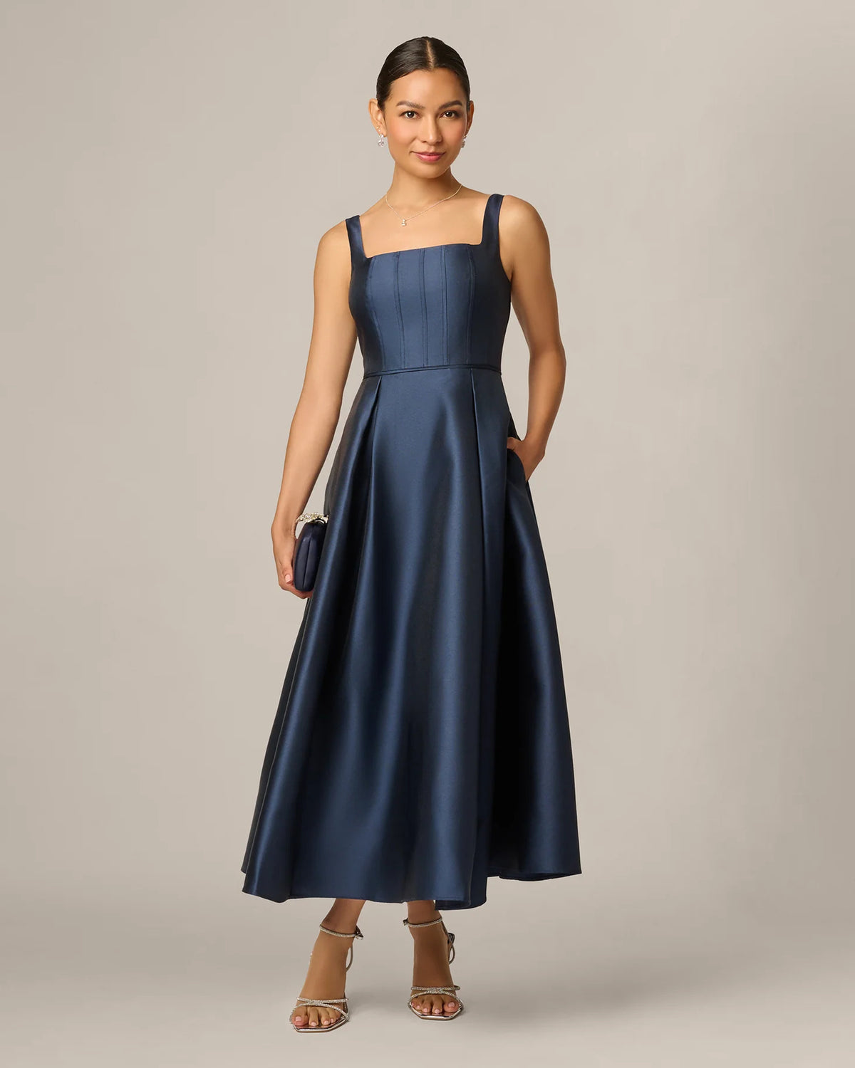 Square Neck A-Line Midi Mother of the Bride Dress for Wedding Celebration