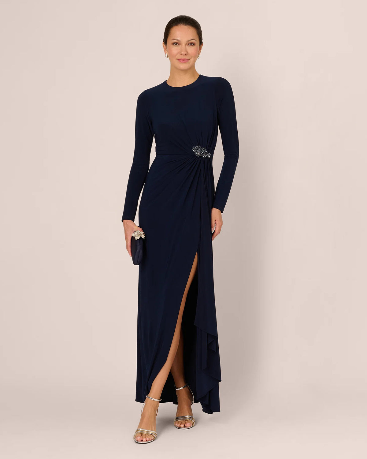 Draped Long-Sleeve A-Line Maxi Mother of the Bride Dress for Formal Wedding
