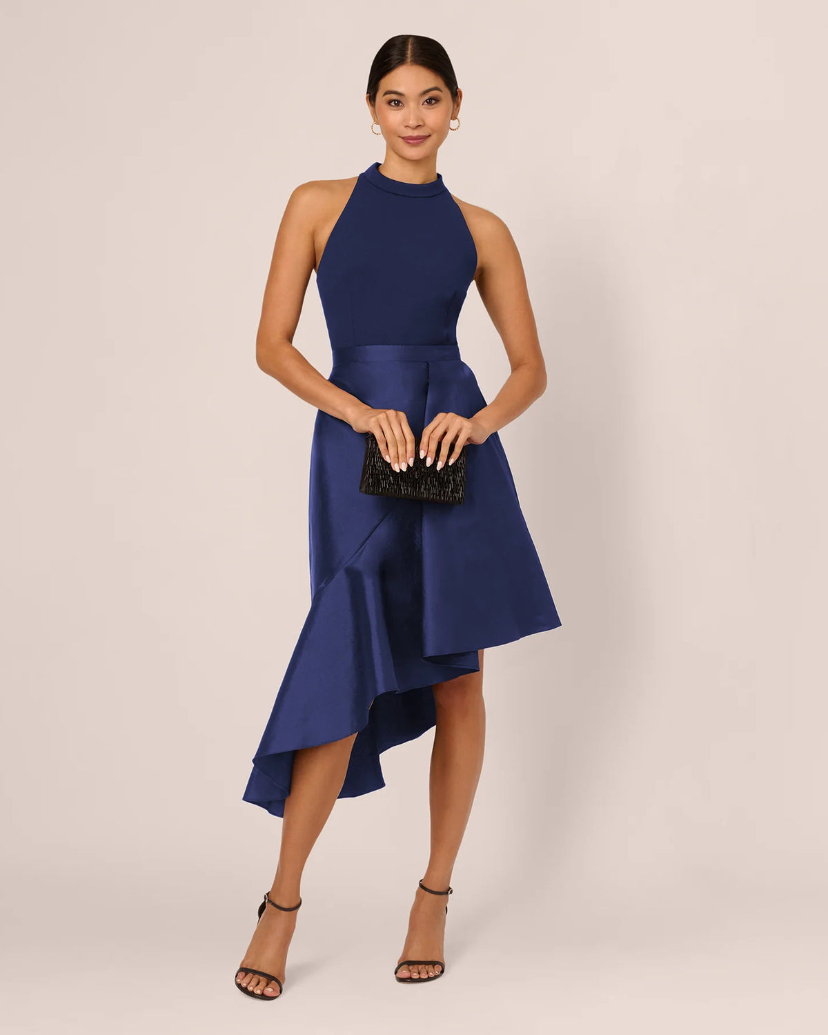 Draped Ruffled Halter Neck Asymmetrical Midi Mother of the Bride Dress for Formal Wedding