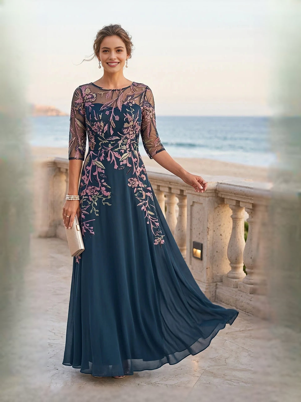 Embroidered Floral A-Line Floor-Length Mother of the Bride Dress for Evening Wedding