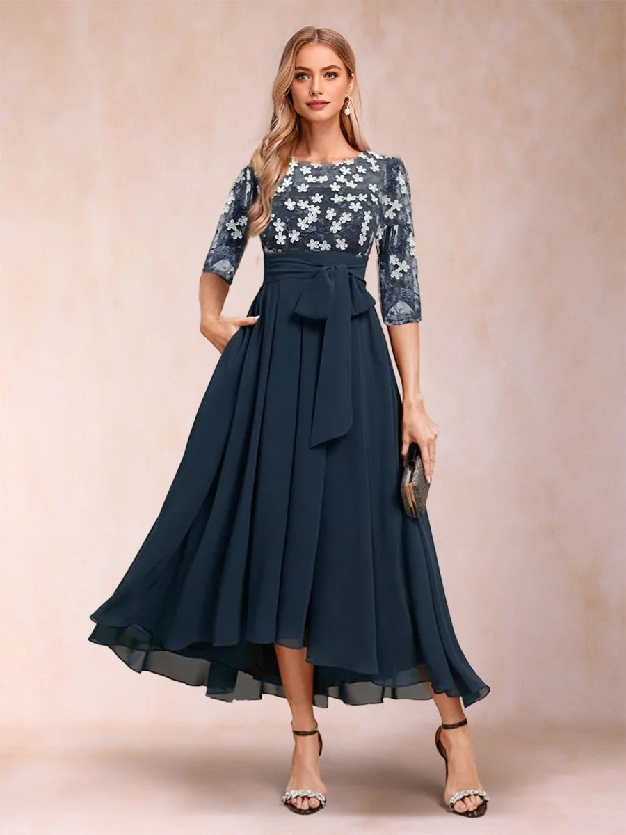 Bow Floral A-Line Midi Chiffon Mother of the Bride Dress for Wedding Ceremony