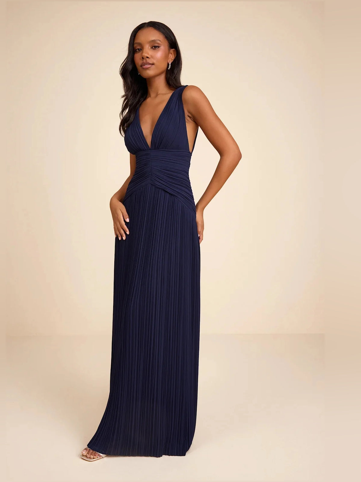 Ruched Tiered Ruffled V Neck Column Maxi Chiffon Bridesmaid Dress for Wedding Reception