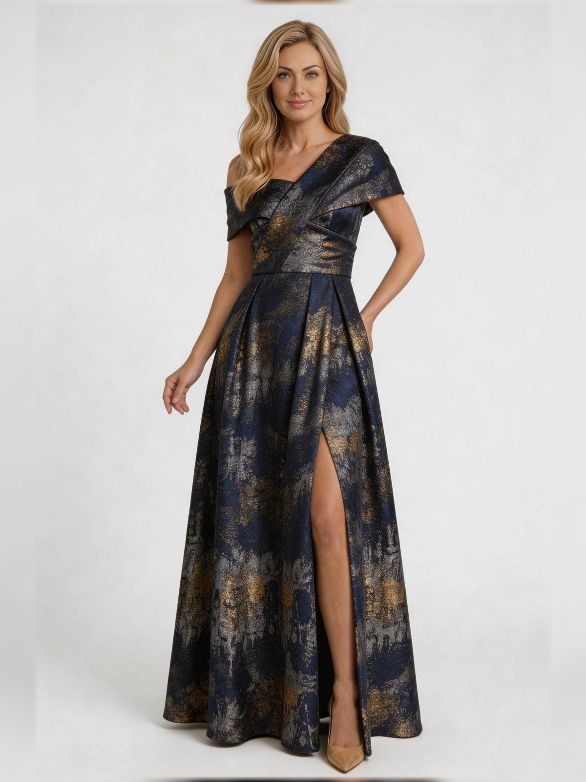 Side-Slit Slit Asymmetrical Neck A-Line Floor-Length Mother of the Bride Dress for Wedding Ceremony