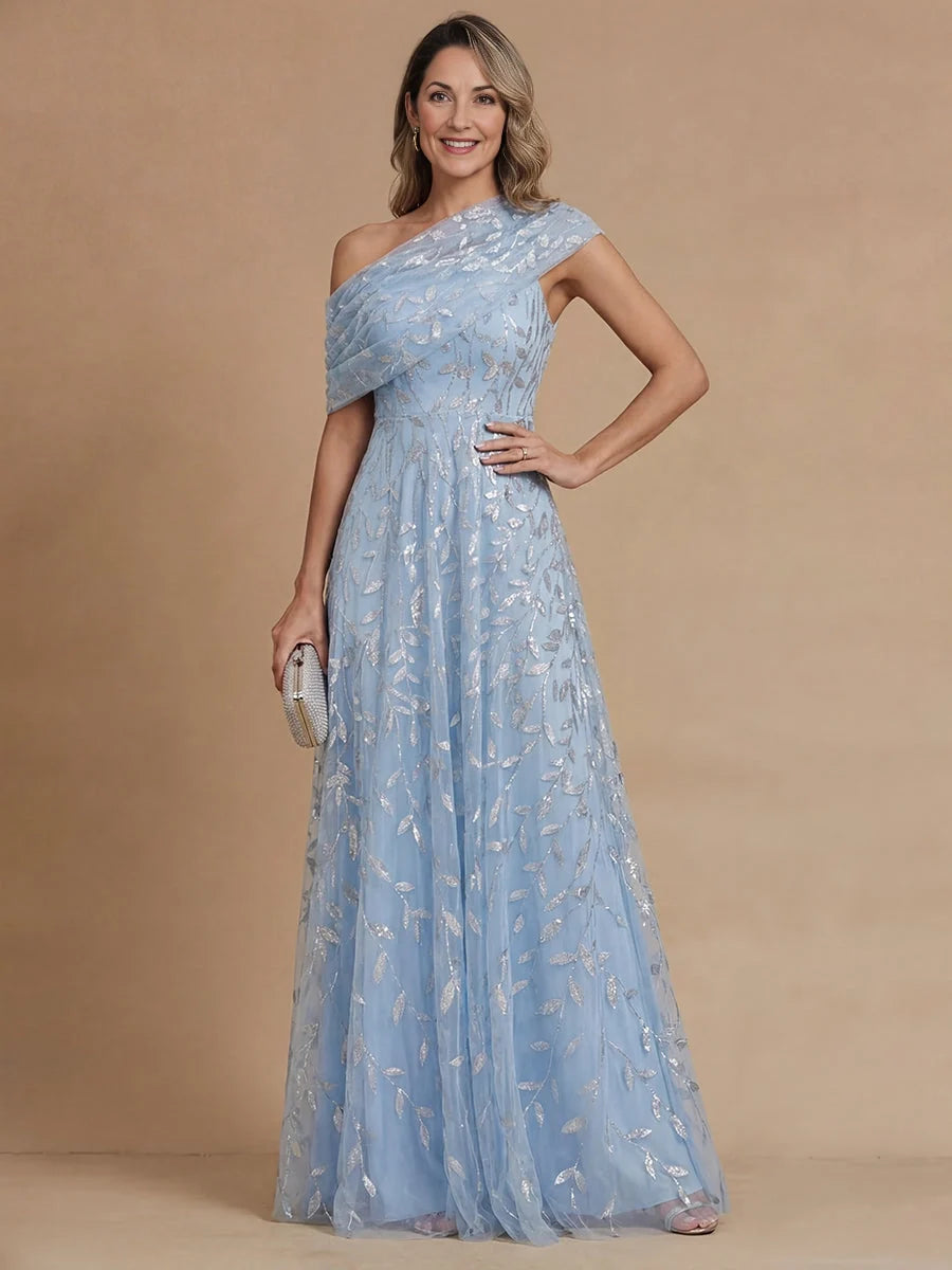 Draped Embroidered One Shoulder A-Line Maxi Tulle Mother of the Bride Dress for Formal Wedding