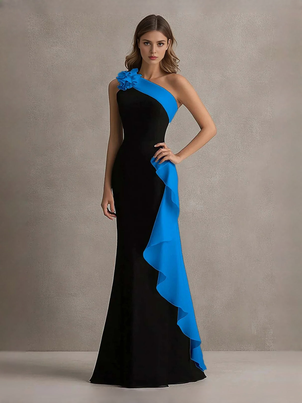 Draped Ruffled Floral One Shoulder Mermaid Floor-Length Prom Dress for Gala