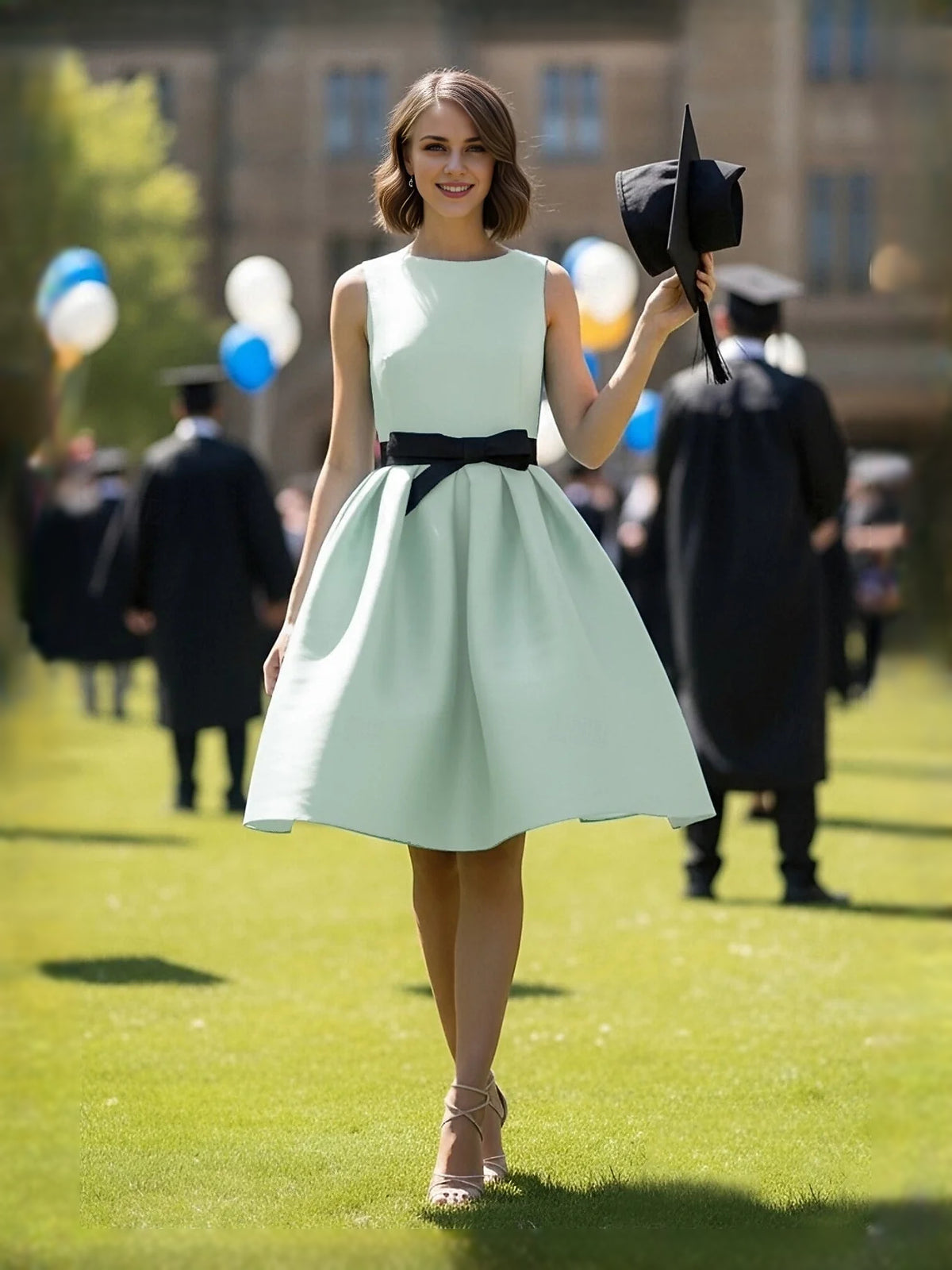 Mint Green Pleated Bow Sleeveless A-Line Knee-Length Prom Dress for Awards Dinner
