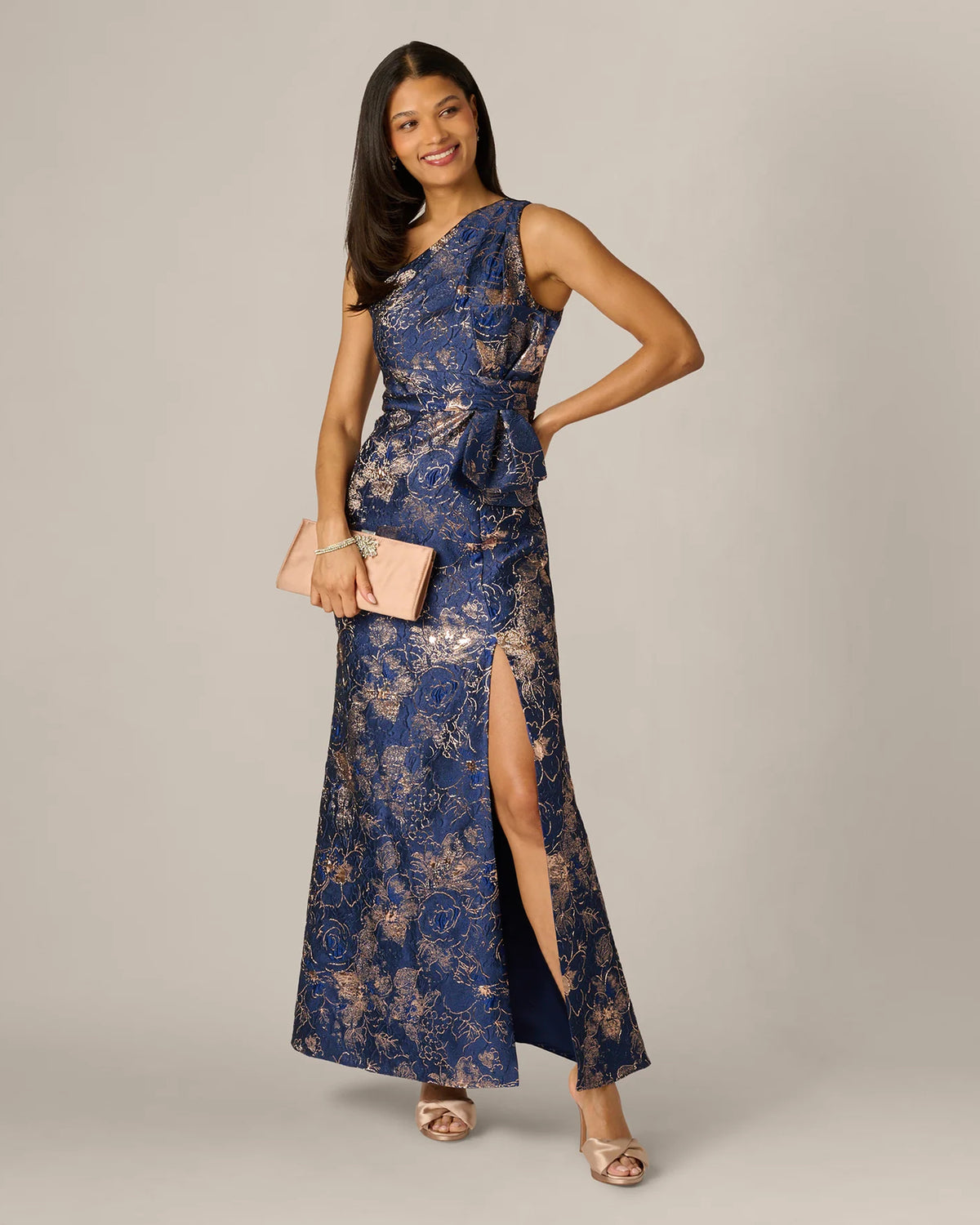 Floral Print Bow Detail One-Shoulder A-Line Maxi Mother of the Bride Dress for Engagement Dinner
