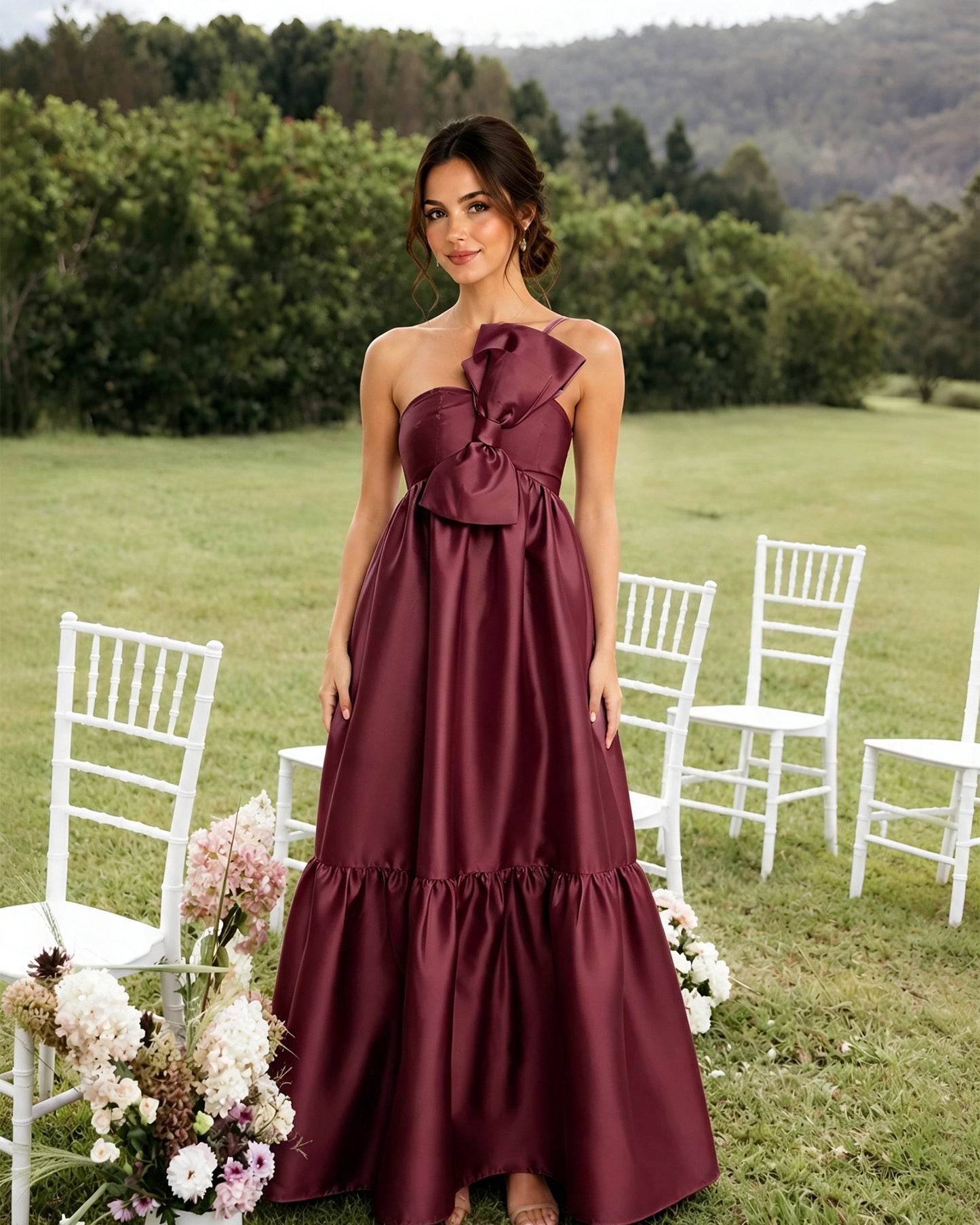 One-Shoulder Satin A-Line Bridesmaid Dress with Statement Ruffle