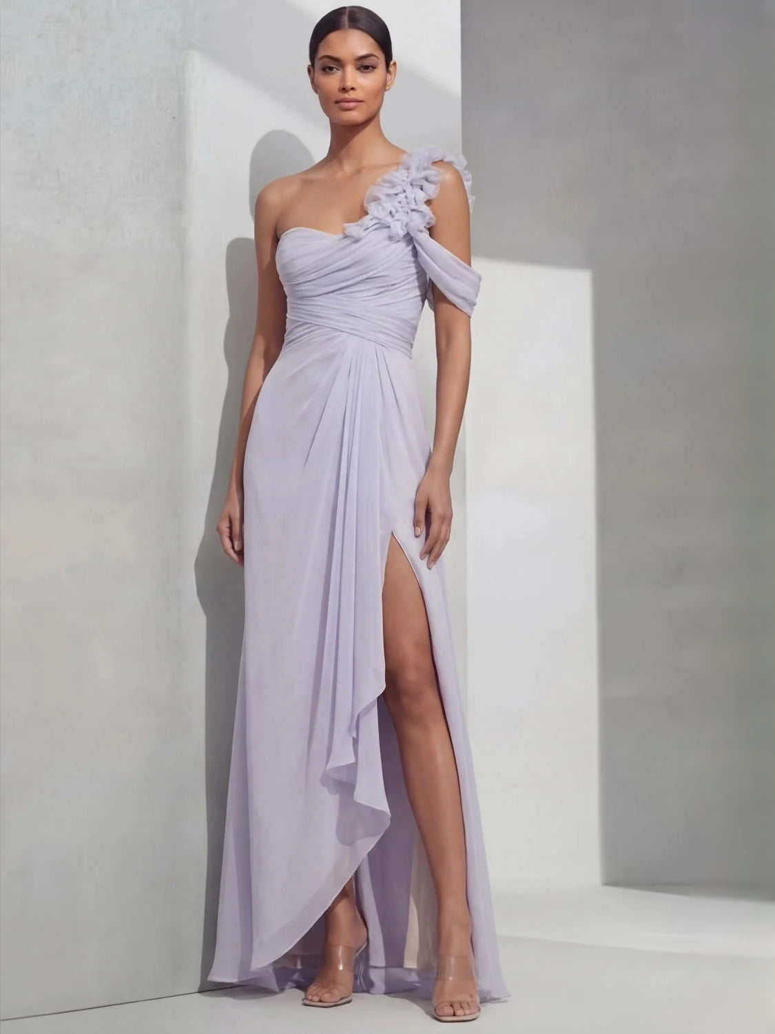Ruched Draped Ruffled Slit One Shoulder Mermaid Maxi Chiffon Bridesmaid Dress for Estate Wedding