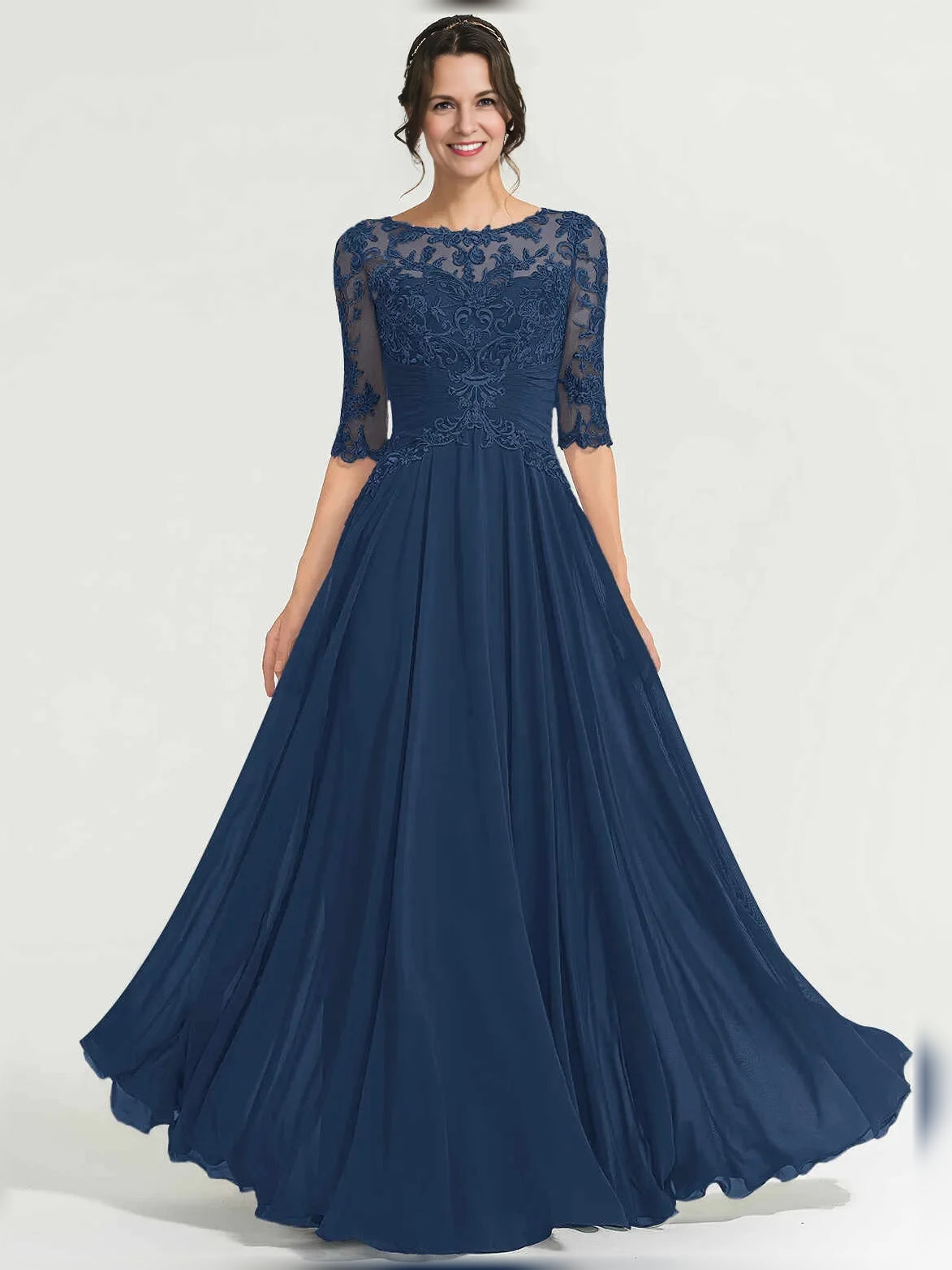 Ruched Flower-Applique Floral Illusion Neck A-Line Maxi Chiffon Mother of the Bride Dress for Formal Reception