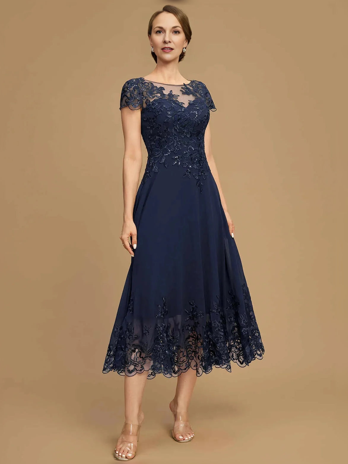 Sequin Boat Neck A-Line Tea-Length Chiffon Mother of the Bride Dress for Vineyard Wedding